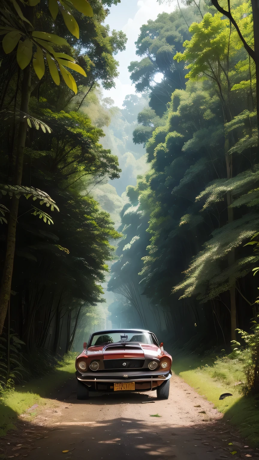 there is a car that is parked on a path in the woods, classic cars, mustang, car photography, amongst foliage, in the jungle, vehicle photography, classic car, captured on iphone, vintage car, auto photography, vintage cars, placed in a lush forest, in a jungle environment, nostalgic vibes, shot with iphone 1 0, car shot, red car