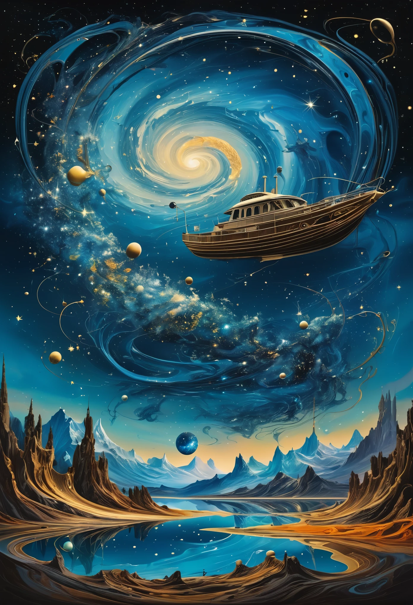 A surreal dreamscape where galaxies swirl like melting clocks, with intricate constellations forming Dali's signature mustaches.