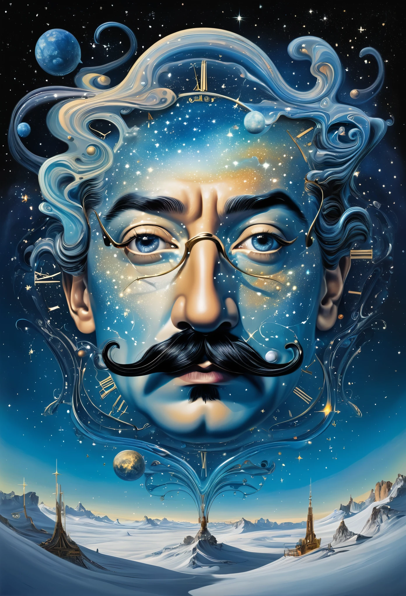 A surreal dreamscape where galaxies swirl like melting clocks, with intricate constellations forming Dali's signature mustaches.