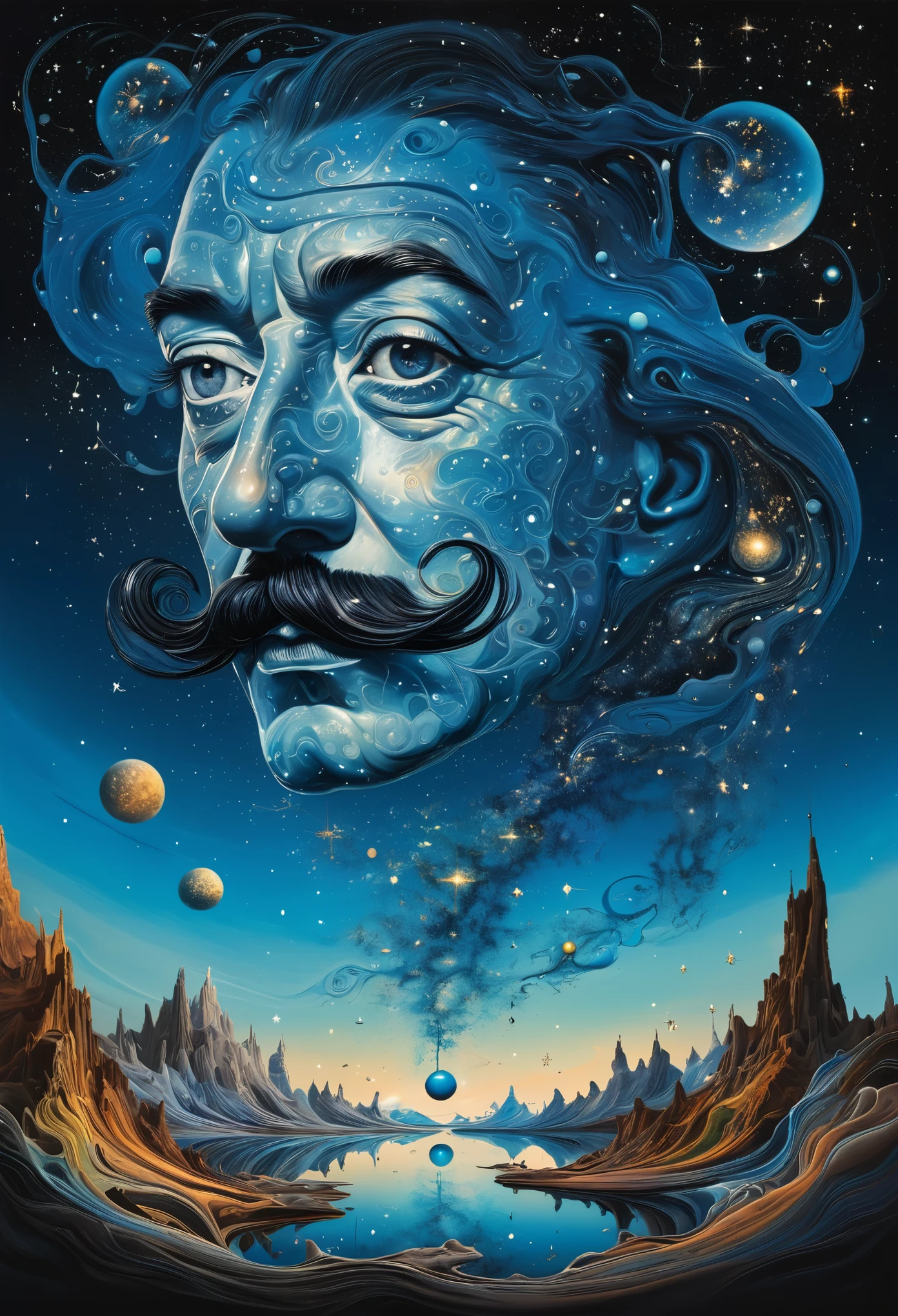 A surreal dreamscape where galaxies swirl like melting clocks, with intricate constellations forming Dali's signature mustaches.