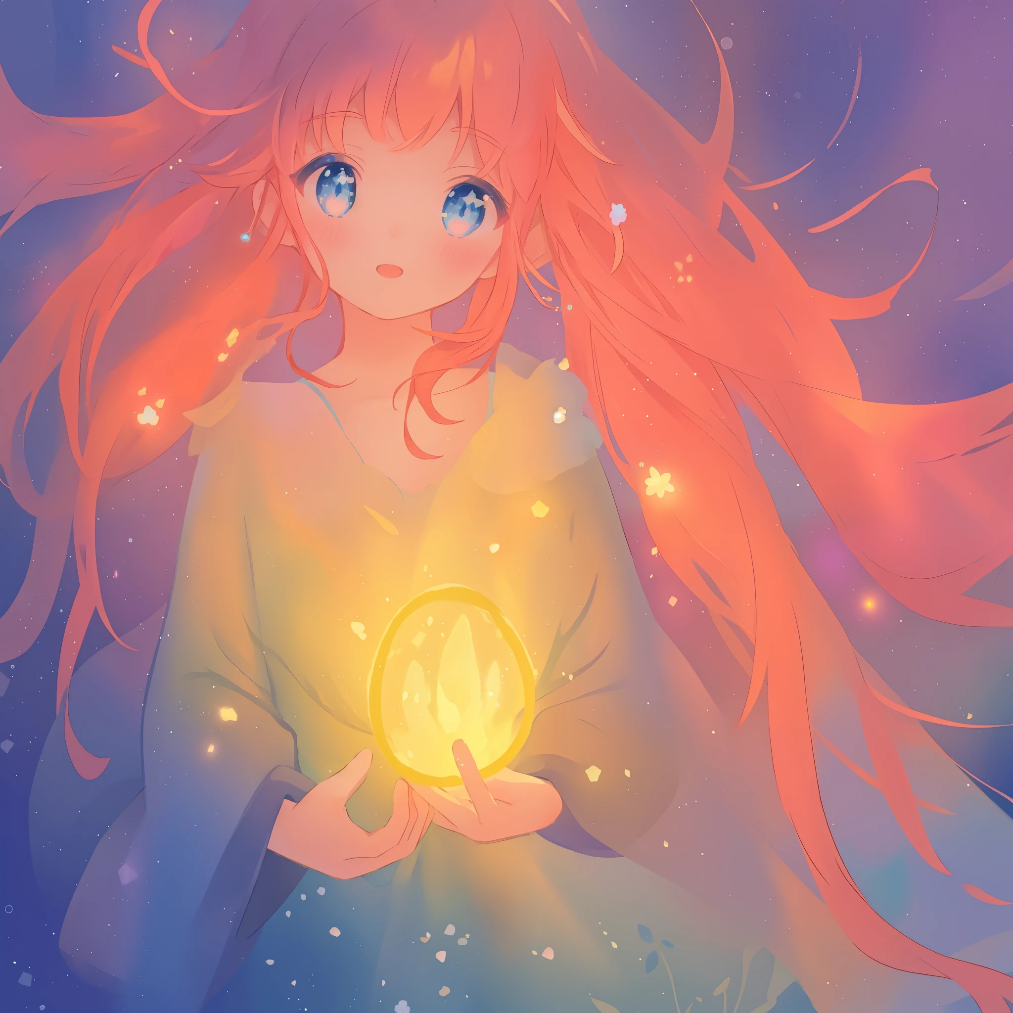 beautiful girl in flowing simple dress with long sleeves, long flowing hair, beautiful girl holding a glowing light, sparkling blue eyes, colorful fantasia background, watercolor illustration, disney art style, glowing aura around her, glowing lights, beautiful digital illustration, fantasia otherworldly landscape plants flowers, beautiful, masterpiece, best quality, anime disney style