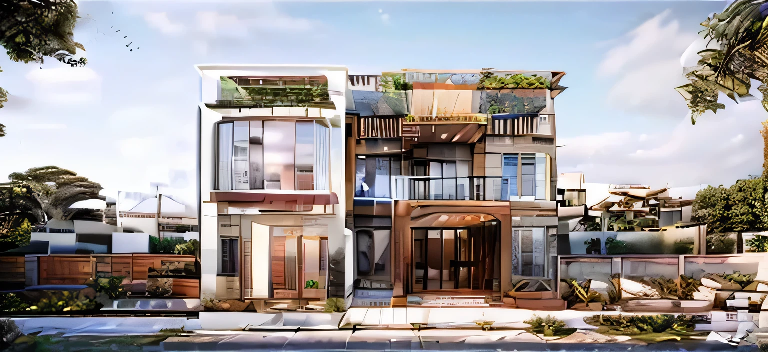 a rendering of a two story house with a balcony and balconies, frontview, front elevation view, inter dimensional villa, front view dramatic, exterior design, mid-view, complete house, front-view, comprehensive 2 d render, all white render, overall architectural design, wide establishing shot, residential design, elevation view, 3/4 view realistic