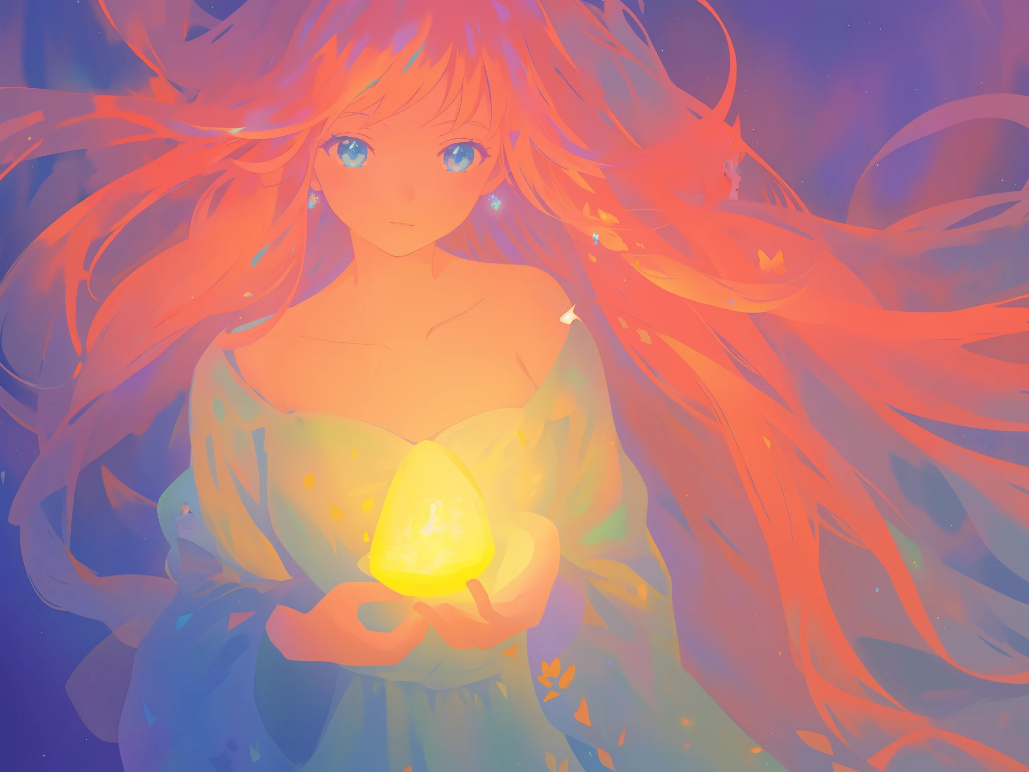 beautiful girl in flowing simple dress with long sleeves, long flowing hair, beautiful girl holding a glowing light, sparkling blue eyes, colorful fantasia background, watercolor illustration, disney art style, glowing aura around her, glowing lights, beautiful digital illustration, fantasia otherworldly landscape plants flowers, beautiful, masterpiece, best quality, anime disney style