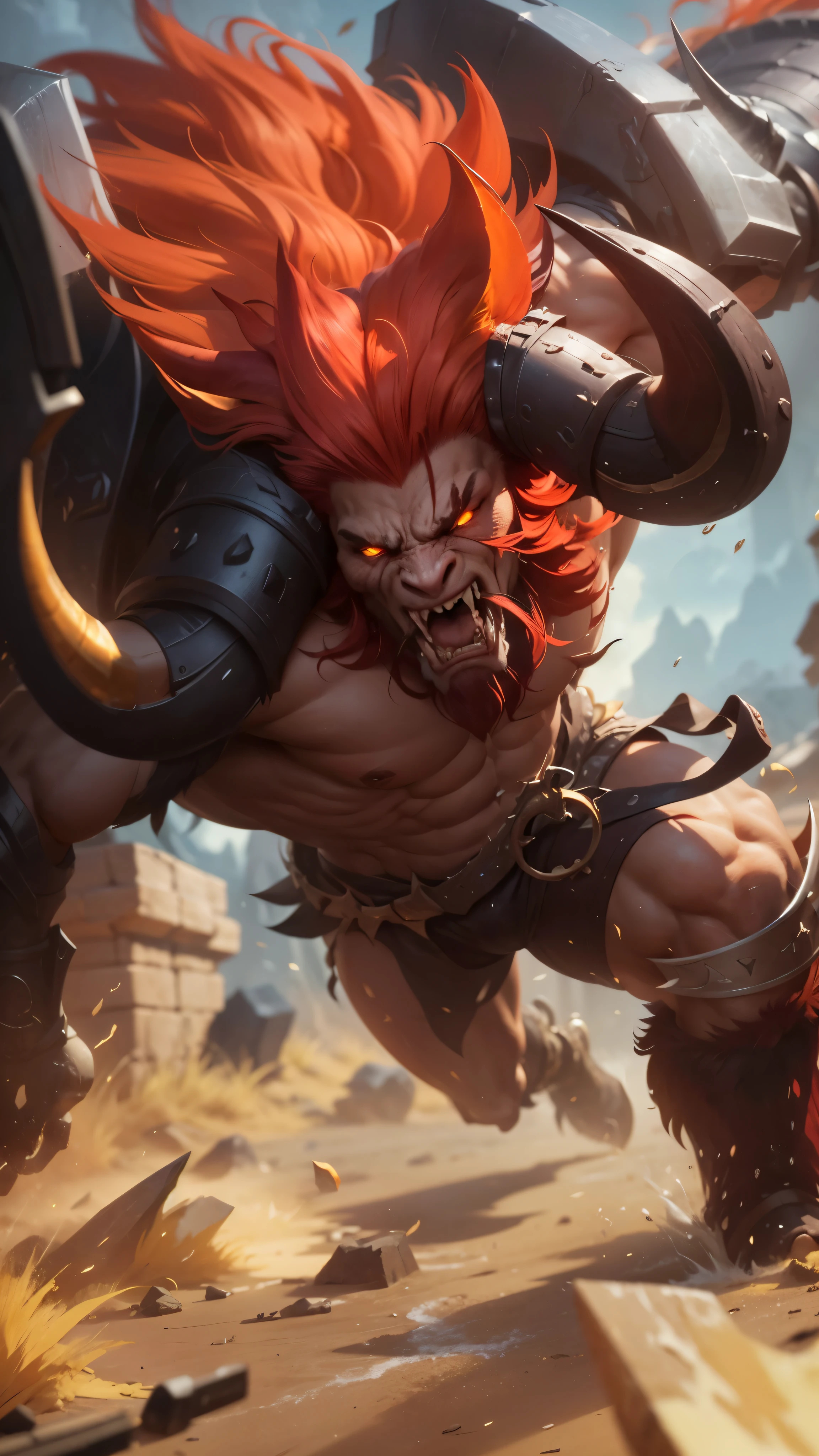 there is a picture of a creature with a red hair and a horned face, official splash art, splash art, berserker potrait, sylas, tauren, male centaur centaur chimera, minotaur, demon berserker, iconic character splash art, painted portrait of mordekaiser, z'gok. 8 k hd resolution, big fangs