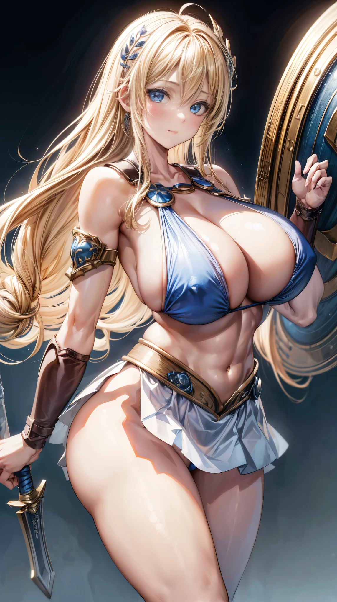 sensual, long blonde hair, thick thighs, 8K, 4k, highest quality, (High resolution:1.6), cute anime face, noise reduction, shining blue eyes, gentle smile, kind eyes、toned abdominal muscles, muscular arms, muscular legs, young face, anime eyes, Sophitia Alexandra、has a sword and shield、(SFW huge body:1.2)