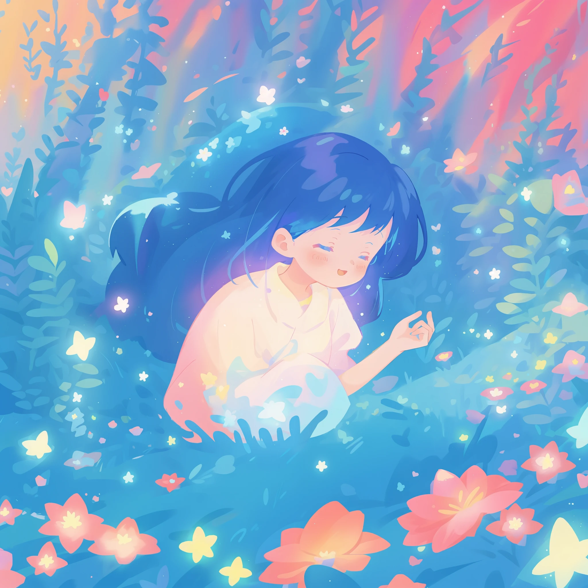 beautiful girl in gradient blue flowing dress, long flowing dark blue hair, magical glowing lights, colorful flowers and forest background, colorful fantasia background, watercolor illustration, disney art style, glowing aura around her, glowing lights, beautiful digital illustration, fantasia otherworldly landscape plants flowers, beautiful, masterpiece, best quality, anime disney style