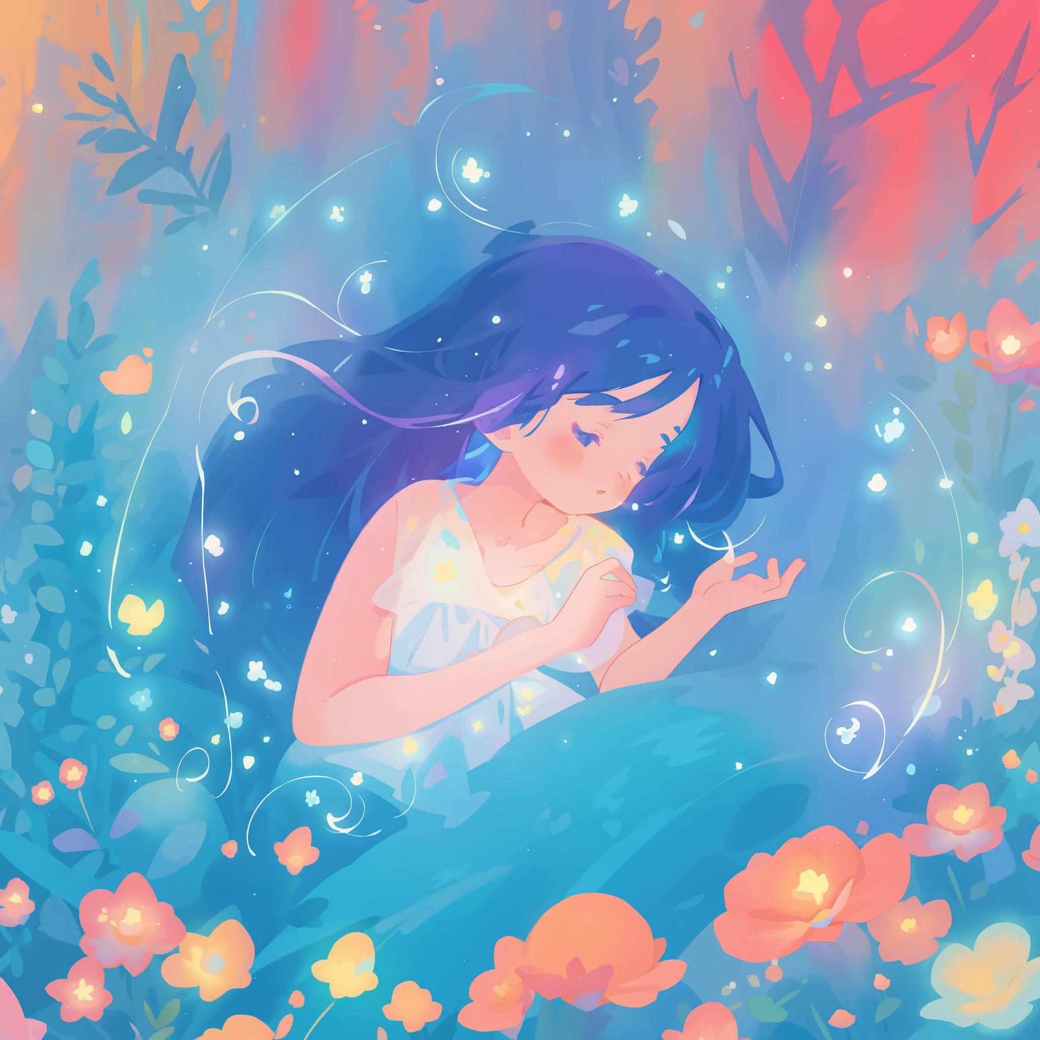 beautiful girl in gradient blue flowing dress, long flowing dark blue hair, magical glowing lights, colorful flowers and forest background, colorful fantasia background, watercolor illustration, disney art style, glowing aura around her, glowing lights, beautiful digital illustration, fantasia otherworldly landscape plants flowers, beautiful, masterpiece, best quality, anime disney style