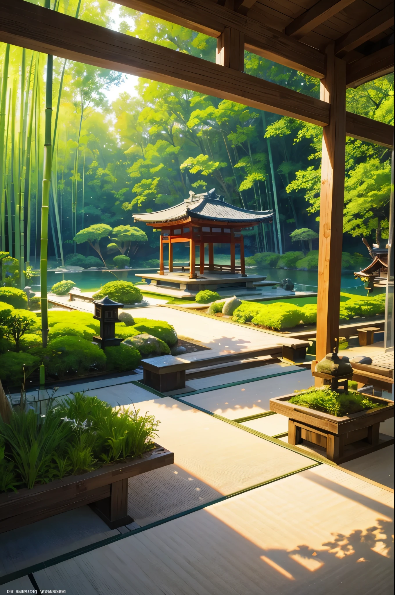 A Japanese bamboo garden, detailed and varied sand floor, with sunlight illuminating the place, a small lake nearby,a work of art, 4k, ultra definition.