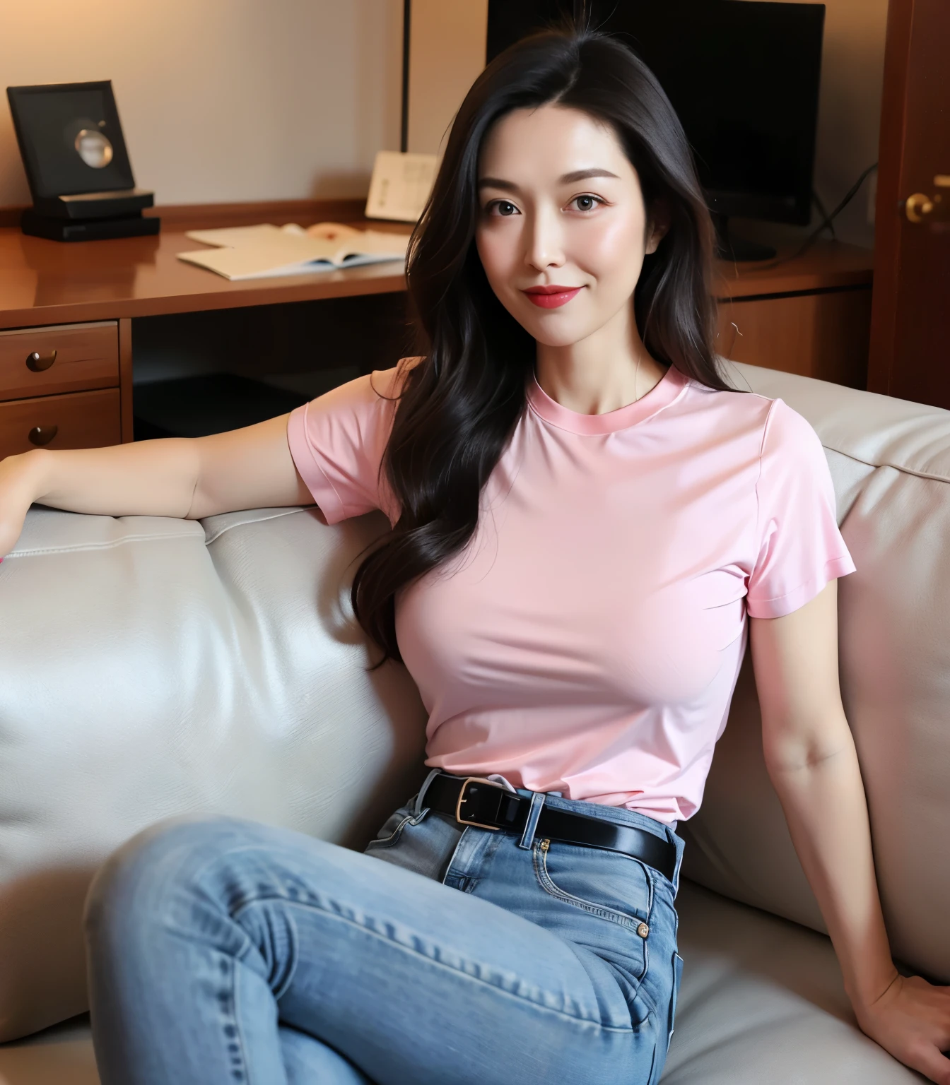 Draw lips correctly, red lipstick, from chest up, best quality, Super detailed, lifelike, Super fine skin, perfect anatomy, (1 日本Mature的女人), (alone),Wear a pink crew neck shirt,short sleeve,Gray jeans,trousers,black belt,wavy long hair,37-year-old female,Mature,charming smile,indoor background:Luxurious large sofa、flower,stand up,Leg length,Chubby body,Big breasts,stand,full-body shot