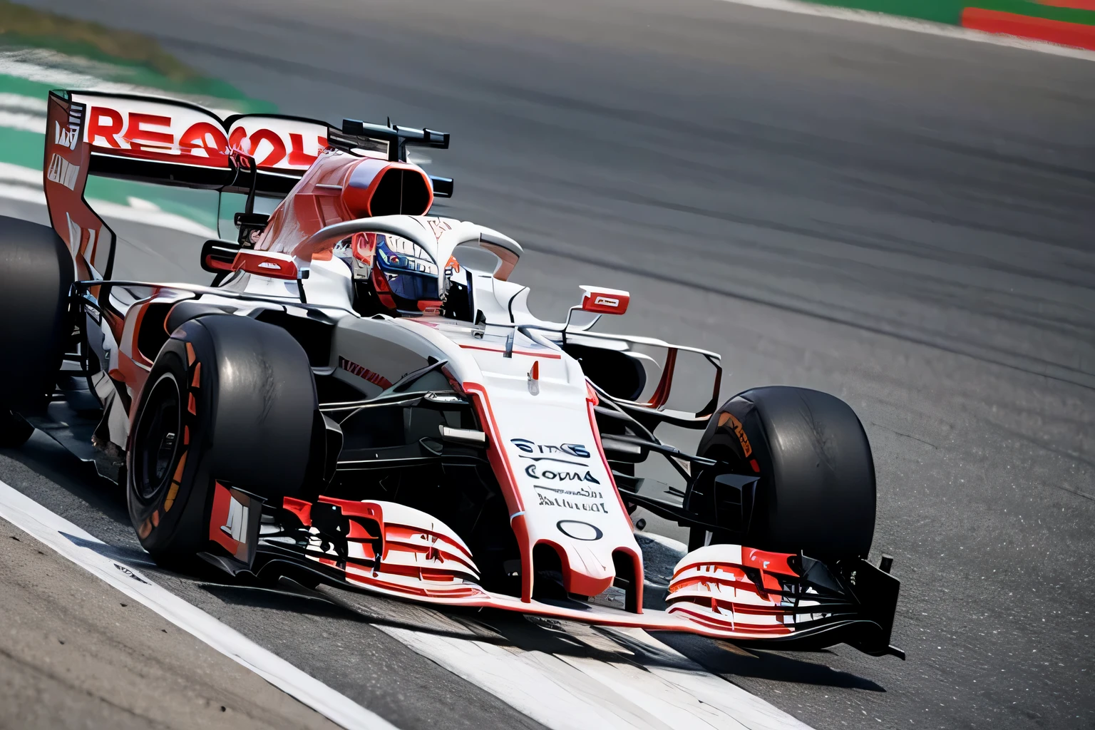 Formula Alafit racing car with red and white flags on the track, f 1/3, f 1/4, f 1, F11:6, F / 1, F11:10, Formula 1, formula one car, f1 racing car blurred in background, f 1 1, F11, f 2 0, Dynamic,Bright metallic color,best quality,masterpiece,(bright colors:1.2)