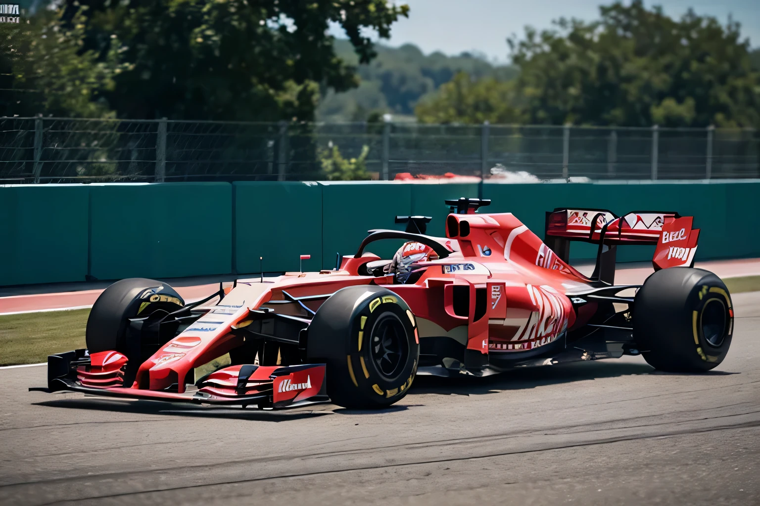 Formula Alafit racing car with red and white flags on the track, f 1/3, f 1/4, f 1, F11:6, F / 1, F11:10, Formula 1, formula one car, f1 racing car blurred in background, f 1 1, F11, f 2 0, Dynamic，Bright metallic color，best quality，masterpiece，（bright colors：1.2）