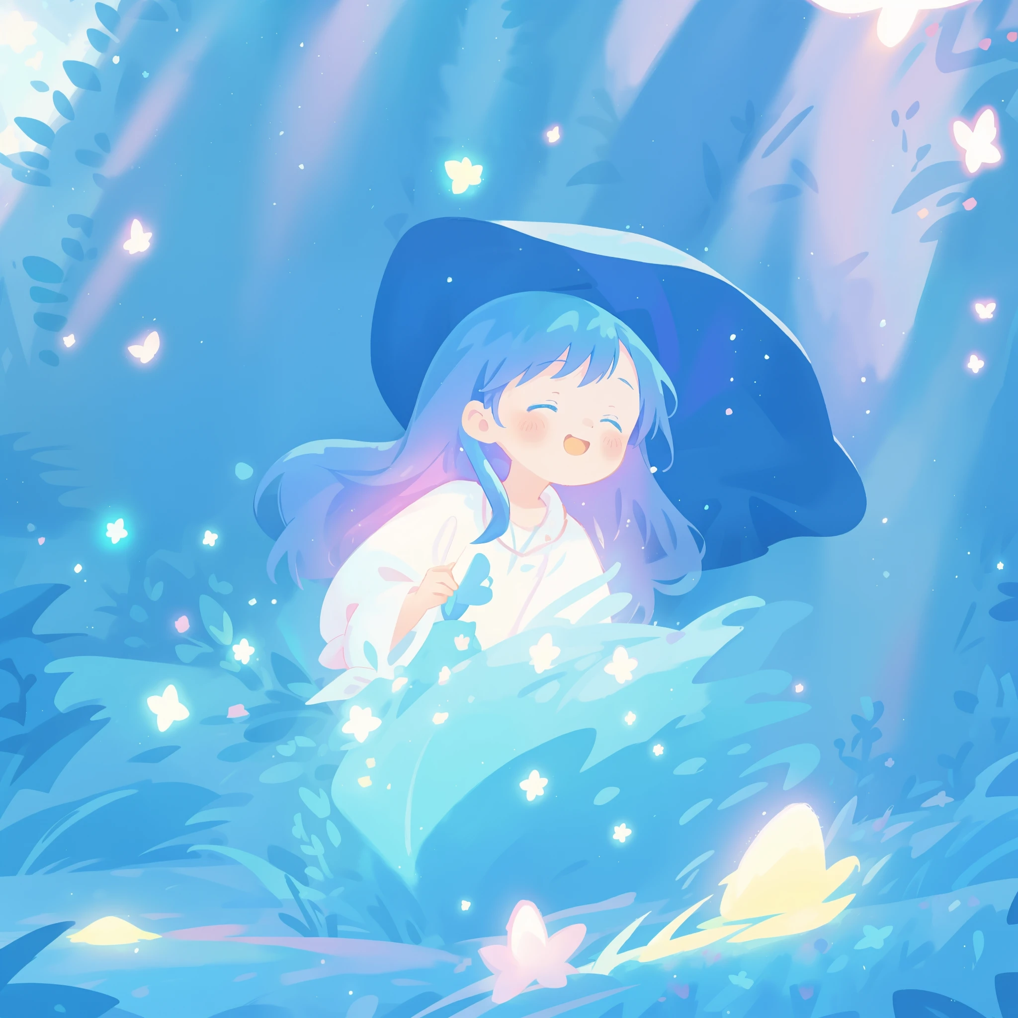 beautiful girl in gradient blue flowing dress, long flowing dark blue hair, magical glowing lights, colorful flowers and forest background, colorful fantasia background, watercolor illustration, disney art style, glowing aura around her, glowing lights, beautiful digital illustration, fantasia otherworldly landscape plants flowers, beautiful, masterpiece, best quality, anime disney style