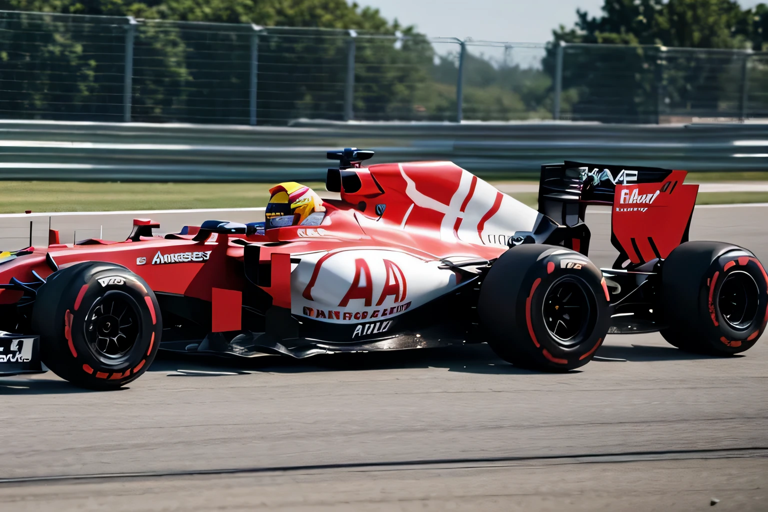 Formula Alafit racing car with red and white flags on the track, f 1/3, f 1/4, f 1, F11:6, F / 1, F11:10, Formula 1, formula one car, f1 racing car blurred in background, f 1 1, F11, f 2 0, Dynamic，Bright metallic color，best quality，masterpiece，（bright colors：1.2）