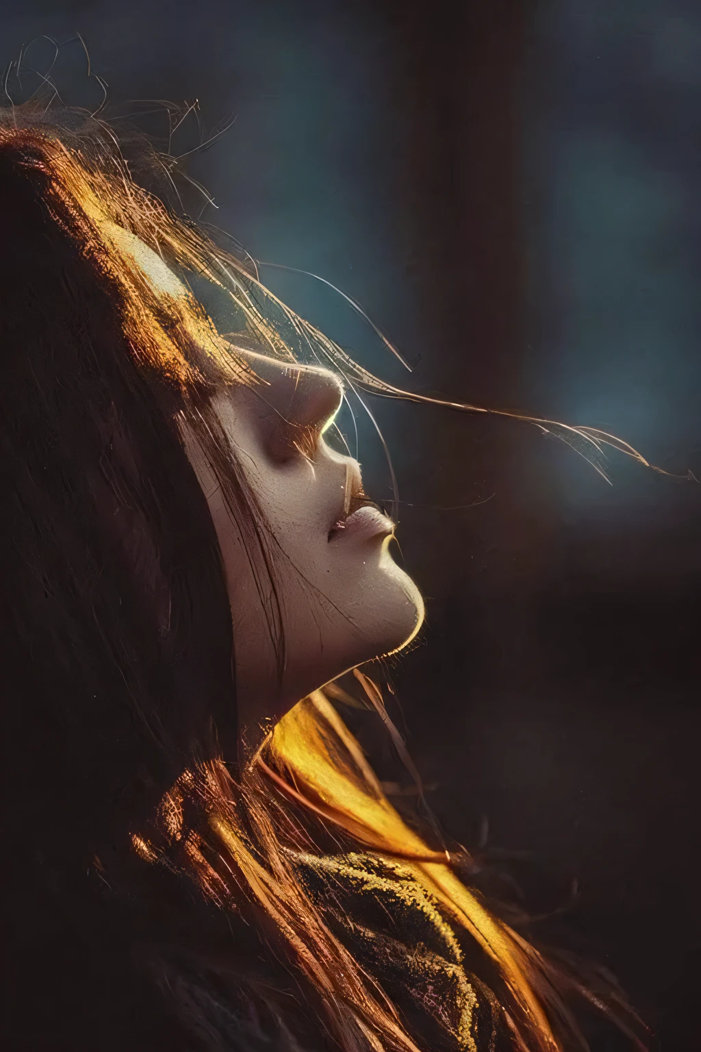Araped female with long hair looking up at something in the sky, Light falling on the face, backlit beautiful face, backlit face, 8k artistic portrait photography, infp young female, A dramatic glow to your face., female'Face looking at the camera, Flowing backlit hair, female'profile, Irakli Nadar(Irakli Nadar), emotional picture, moving portrait