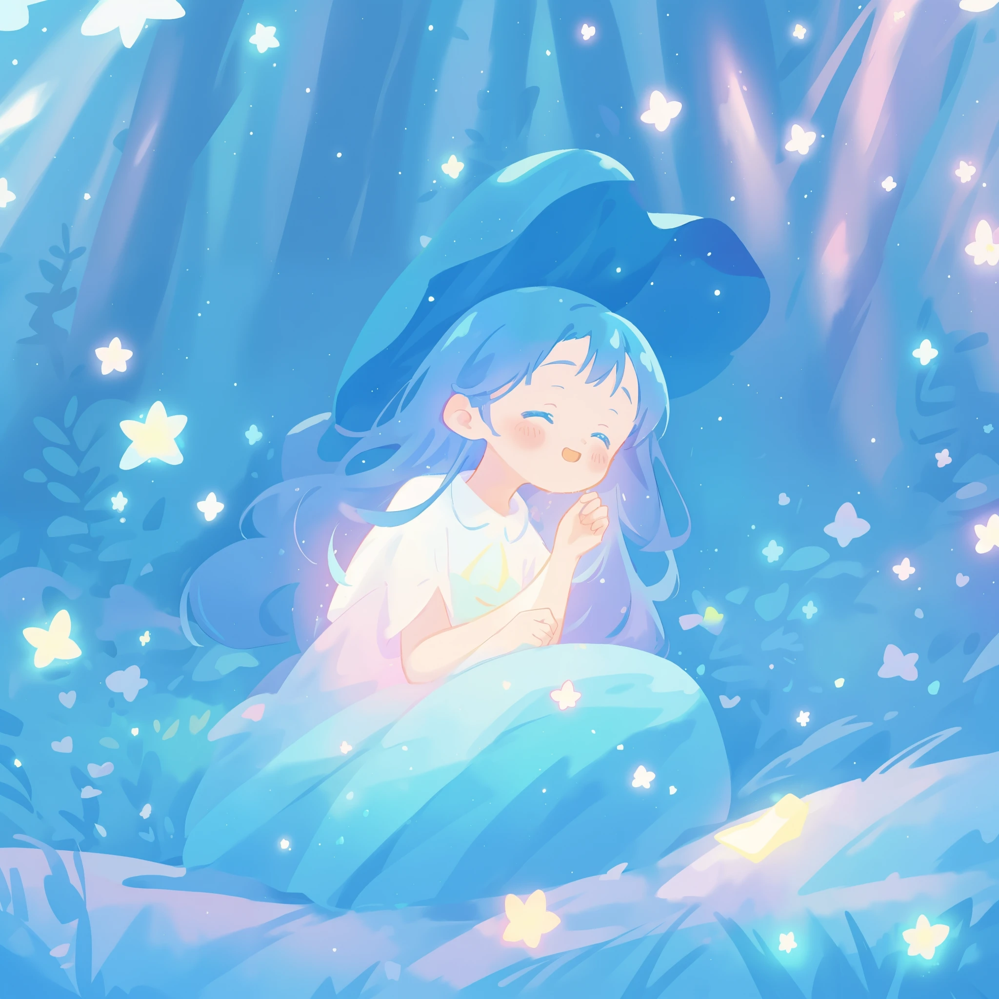 beautiful girl in gradient blue flowing dress, long flowing dark blue hair, magical glowing lights, colorful flowers and forest background, colorful fantasia background, watercolor illustration, disney art style, glowing aura around her, glowing lights, beautiful digital illustration, fantasia otherworldly landscape plants flowers, beautiful, masterpiece, best quality, anime disney style
