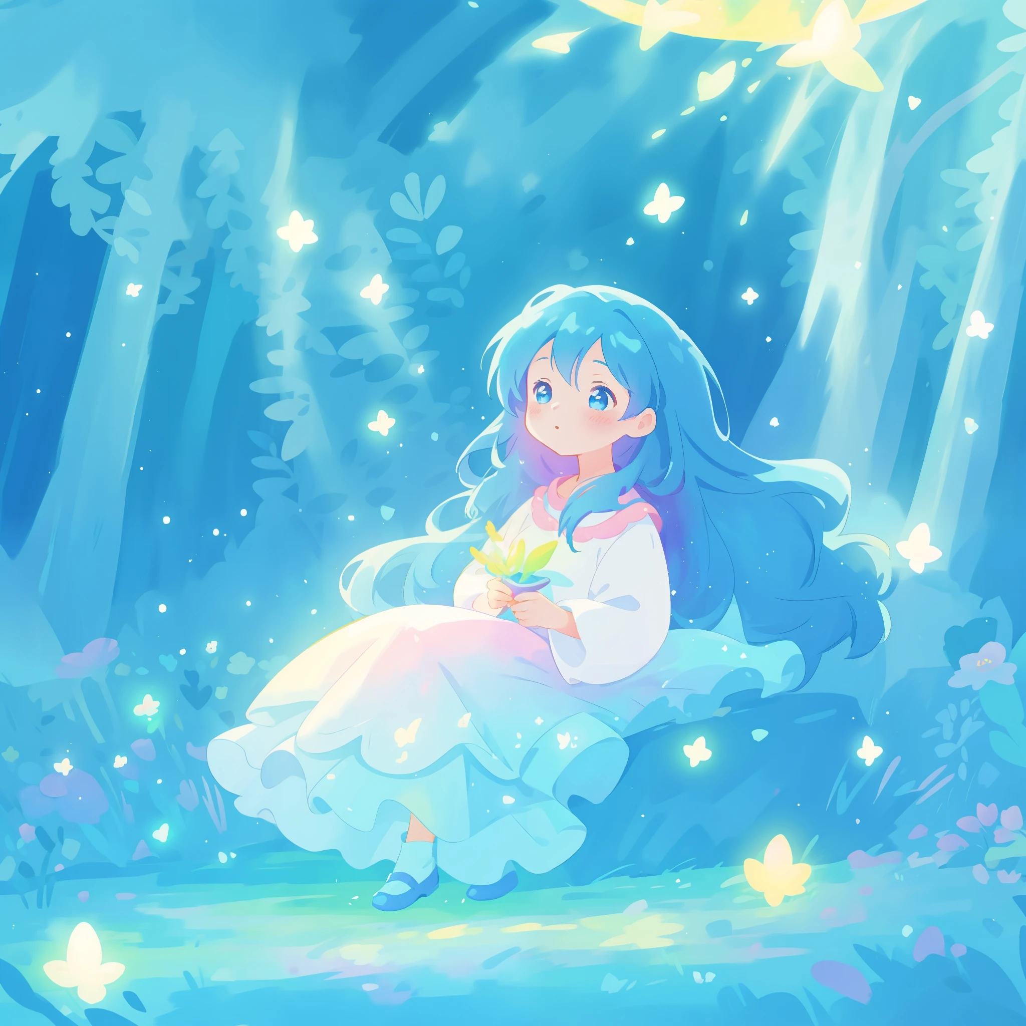 beautiful girl in gradient blue flowing dress, long flowing dark blue hair, magical glowing lights, beautiful girl sitting in a colorful meadow of flowers and forest background, colorful fantasia background, watercolor illustration, disney art style, glowing aura around her, glowing lights, beautiful digital illustration, fantasia otherworldly landscape plants flowers, beautiful, masterpiece, best quality, anime disney style