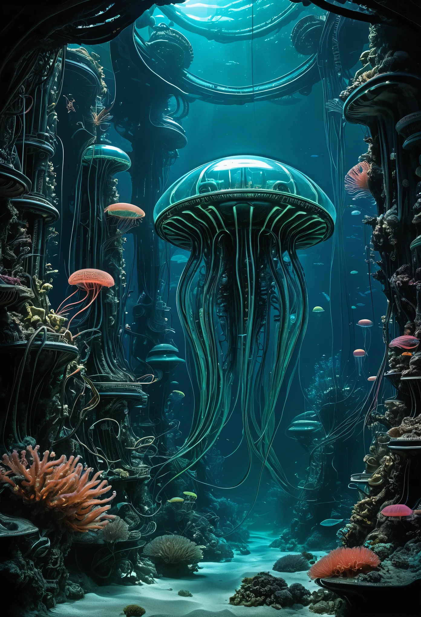 A biomechanical coral reef teeming with intricate machinery, where fluorescent jellyfish drift through dark, alien depths in the style of H.R. Giger.