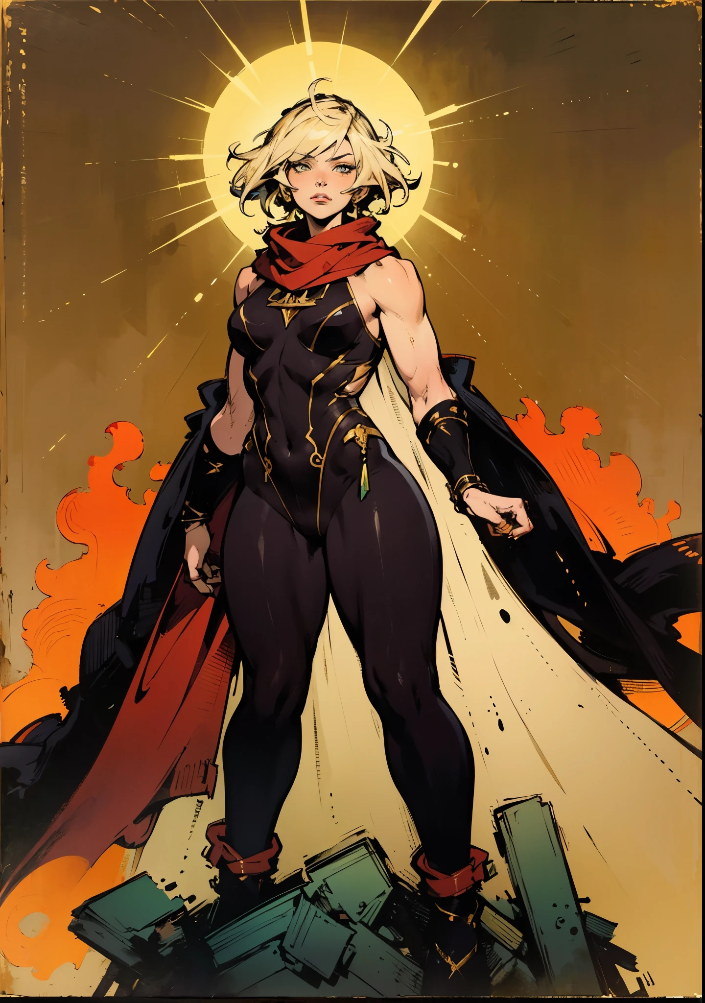 A girl with short brown hair, delicate features, a focused gaze, a determined expression, she has a petite figure akin to a gymnast, adorned with a long flowing cape-like scarf in red and yellow hues, a fantasy-realism-style gymnastics leotard with a long hemline attached, paired with matching leggings, ((black as the main color, complemented by red and yellow accents)), (she poised on a vast stage enveloped in mystery, she emitting a sacred glow in the dim environment), this character embodies a finely crafted fantasy-realism-style dancer in anime style, exquisite and mature manga art style, perfect body, porcelain skin, high definition, best quality, highres, ultra-detailed, ultra-fine painting, extremely delicate, professional, anatomically correct, symmetrical face, extremely detailed eyes and face, high quality eyes, creativity, RAW photo, UHD, 32k, Natural light, cinematic, masterpiece-anatomy-perfect, masterpiece:1.5