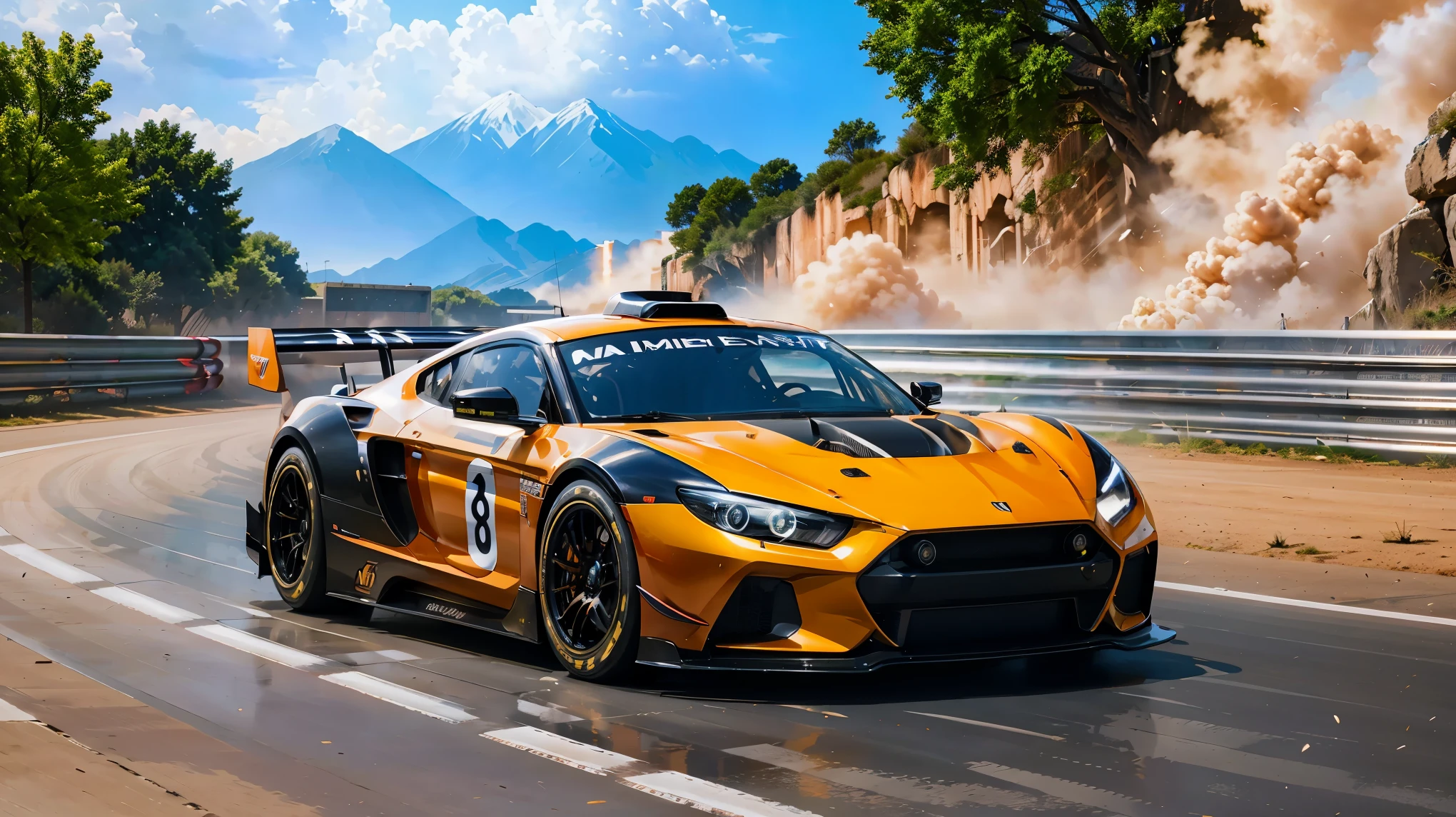 concept:GT machineのレース風景.  

quality:(最高quality, 4k, High resolution, masterpiece:1.2), Super detailed, (real, photorealistic:1.37), 高qualityのアートワーク. 

illumination:Bright colors, Bokeh, Dynamic configuration, a powerful sense of movement,  Lens flare, The overall dramatic atmosphere of the scene, moving depiction.

Subject information:detailed car design, GT machine, fierce competition, speed and adrenaline, professional racing atmosphere, 

Other details:dynamic angle, The spectators cheer, powerful engine roar, glossy paint finish, smooth aerodynamic shape, tire marks on truck, Race tactics that require concentration, dramatic sky, energetic atmosphere, The perfect balance of chaos and precision, thrill of racing, Dynamic configuration, a powerful sense of movement, 背景のBokeh味, 500㎜, f/4.0, photo shoot.