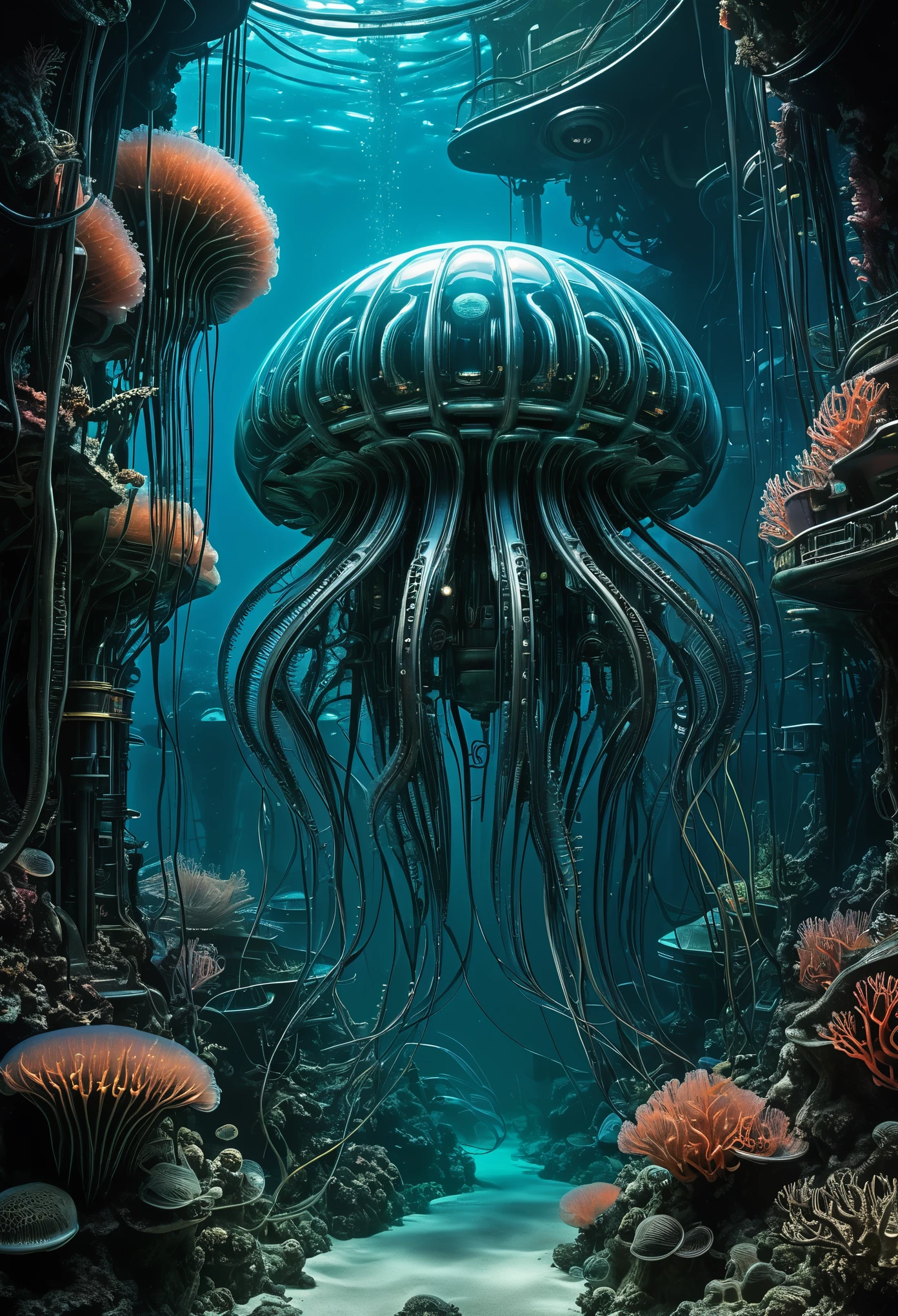 A biomechanical coral reef teeming with intricate machinery, where fluorescent jellyfish drift through dark, alien depths in the style of H.R. Giger.