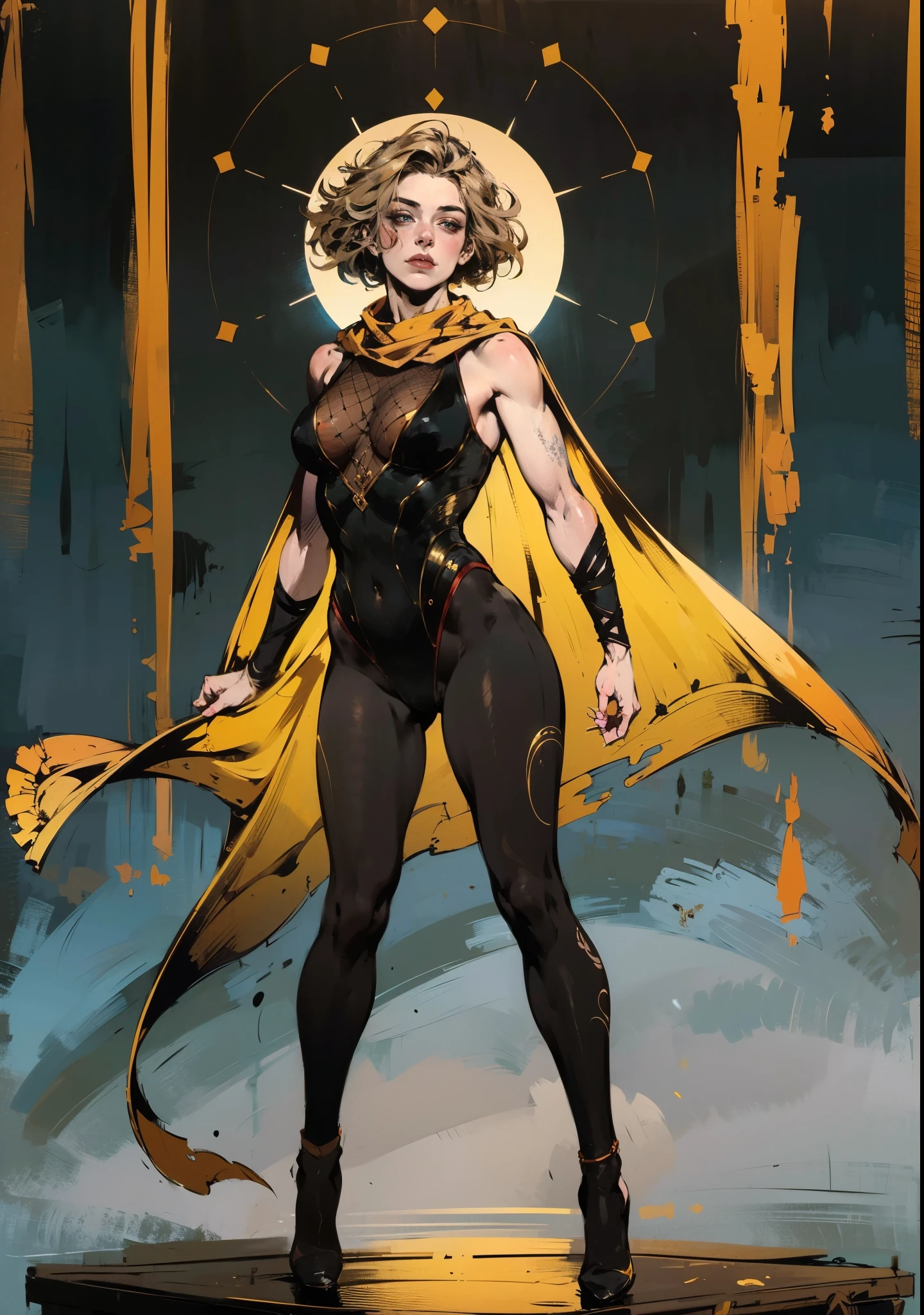 A ager girl with short brown hair, delicate features, a focused gaze, a determined expression, she has a petite figure akin to a gymnast, adorned with a long flowing cape-like scarf in red and yellow hues, a fantasy-realism-style gymnastics leotard with a long hemline attached, paired with matching leggings, ((black as the main color, complemented by red and yellow accents)), (she poised on a vast stage enveloped in mystery, she emitting a sacred glow in the dim environment), this character embodies a finely crafted fantasy-realism-style dancer in anime style, exquisite and mature manga art style, perfect body, porcelain skin, high definition, best quality, highres, ultra-detailed, ultra-fine painting, extremely delicate, professional, anatomically correct, symmetrical face, extremely detailed eyes and face, high quality eyes, creativity, RAW photo, UHD, 32k, Natural light, cinematic, masterpiece-anatomy-perfect, masterpiece:1.5