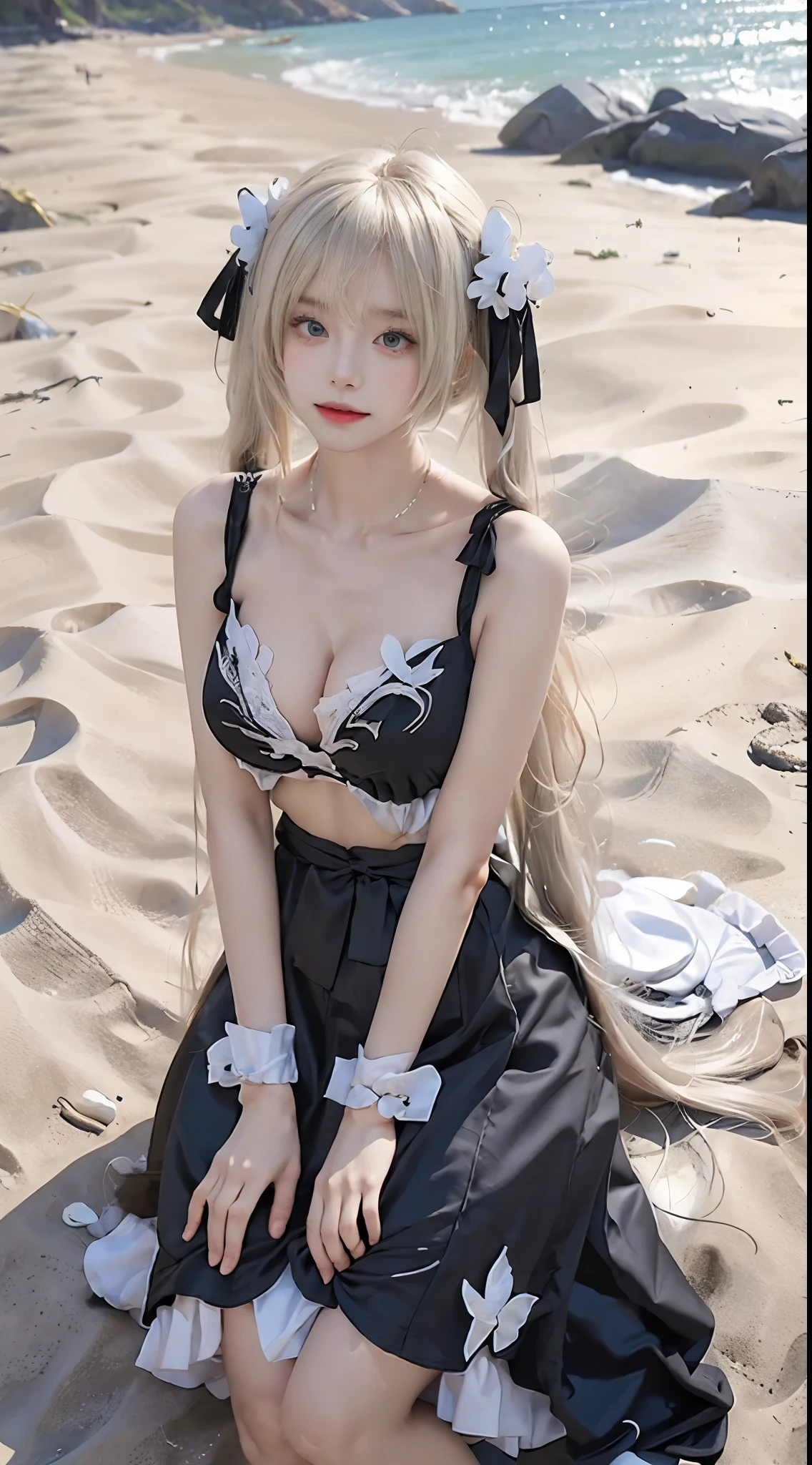 kasugano sora,long white hair,twintails,hair ribbon,hair ornament, (masterpiece, best quality:1.2), 1girl, solo, ((bare shoulders)), (actual:1.37), ((lying on a beach)), ((Bird's eye view shot)), Sweet maiden, beautiful妆容, Exquisite makeup, Extremely beautiful eyes, long hair, curls, slim body, ((, Big breasts), Sexy slend The skirt ihort, Leaking sexy legs, elegant posture, Dynamposing, best quality, correct, correct的手, correct的腿, 解剖学correct, official art, complex, detail的脸, detail, lifelike, Very detailed, amazing, beautiful, Young and energetic, Charming model, Meticulous CG Uniform 8k wallpaper