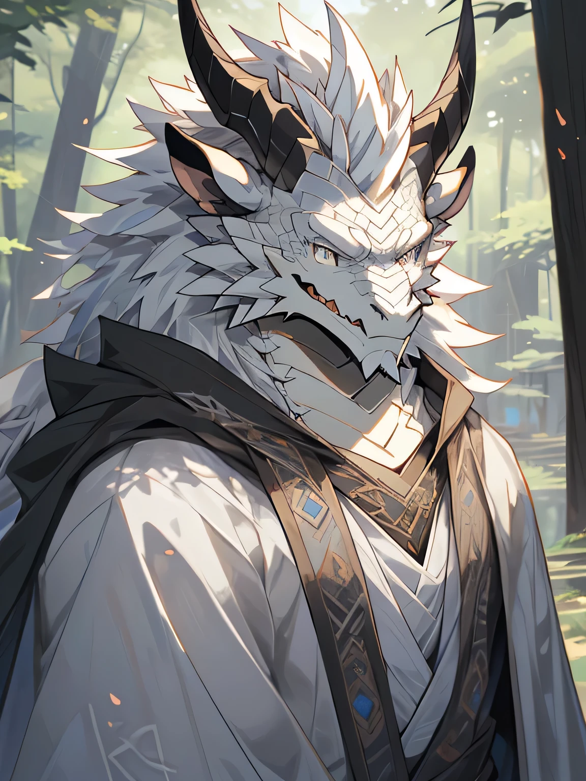White Dragon Man:1.3, alone, vertical pupil,Eye, (elongated), Slim, (Eye anthro dragon):1.3, (The body has silvery white scales:1.4), white belly, (beast wild:1.4), There are silver scales all over the body , 细致的Eye, ((portrait)), , (细致的Eye, 蓝Eye, 明亮的Eye):1.1, Located in the woods of a small town, he is a mage,robe , The art of math, masterpiece, anime style，mane on neck:2，smile，Silver gray horn:1.2