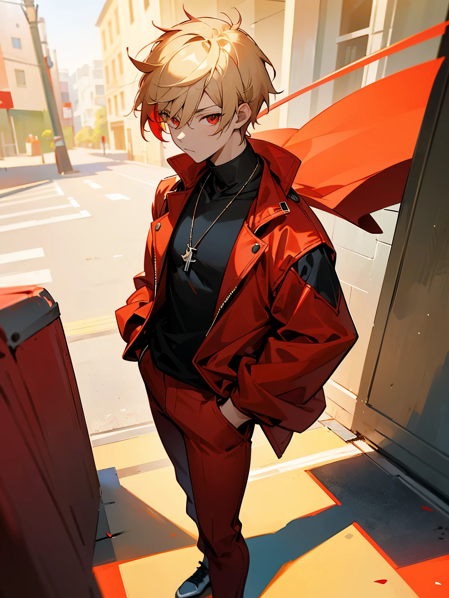 short hair, black shirt, young male, red eyes, morning, Two tone hair, light blonde color, multicolored hair, street level background, black jordans, red nike pants, standing still, arms in pockets, muscular, red necklace, looking at camera, sunlight, close up, red coat