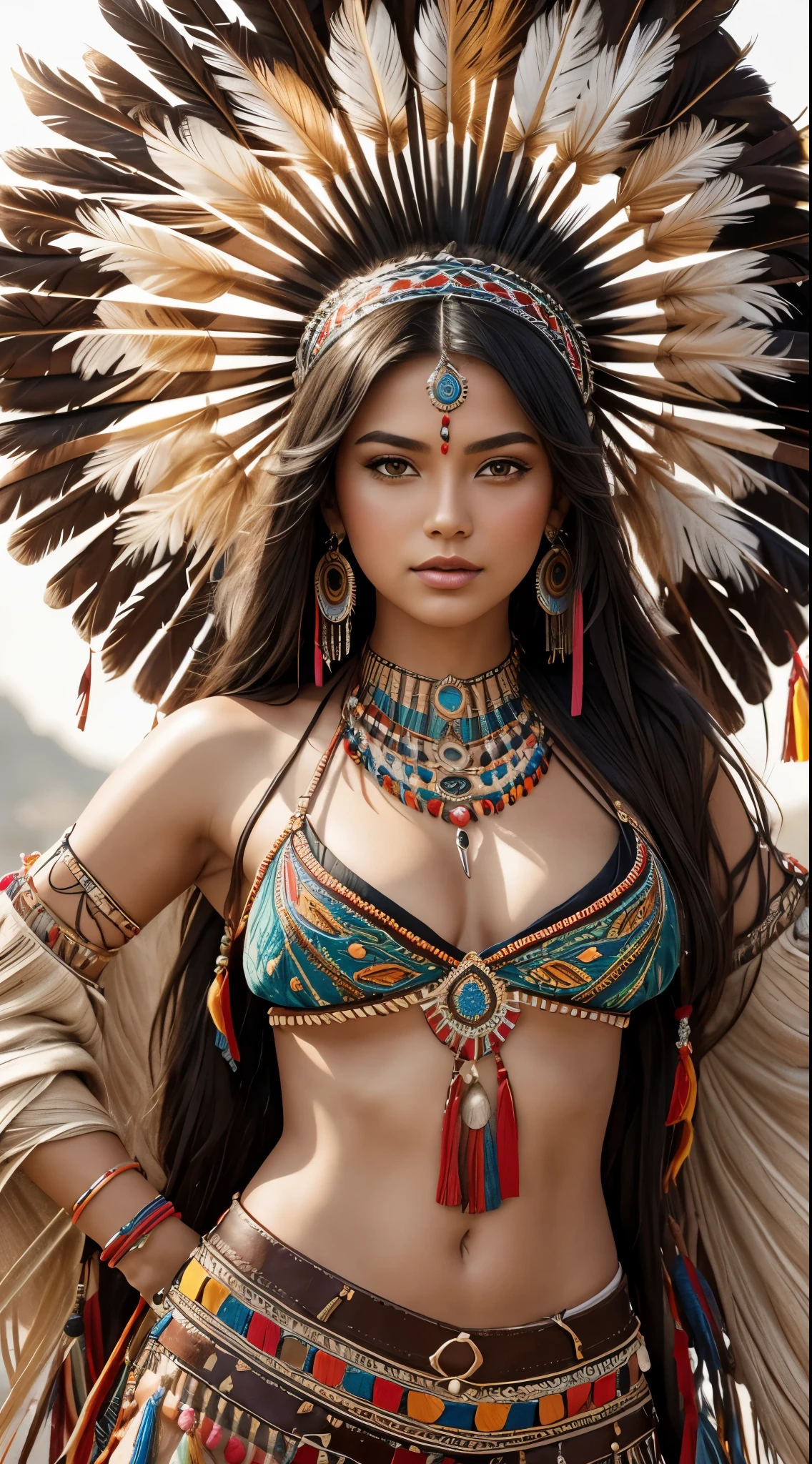 Native American beauty in dance poses, luxurious leather ponchos embroidered with intricate embroidery, flowing tulle, feather hair ornaments, war bonnet, tattoo, brown skin, Indian jewelry, Native American pattern, transparent and long colorful ubert on arms, navel ribbons, shoulders, necks, arm ring ribbons, wreaths, bracelets, anklets, Metal chain tassel around waist, sun god background, ink wash, popular CGSTATION, masterpiece, recent quality, high resolution details, 32K