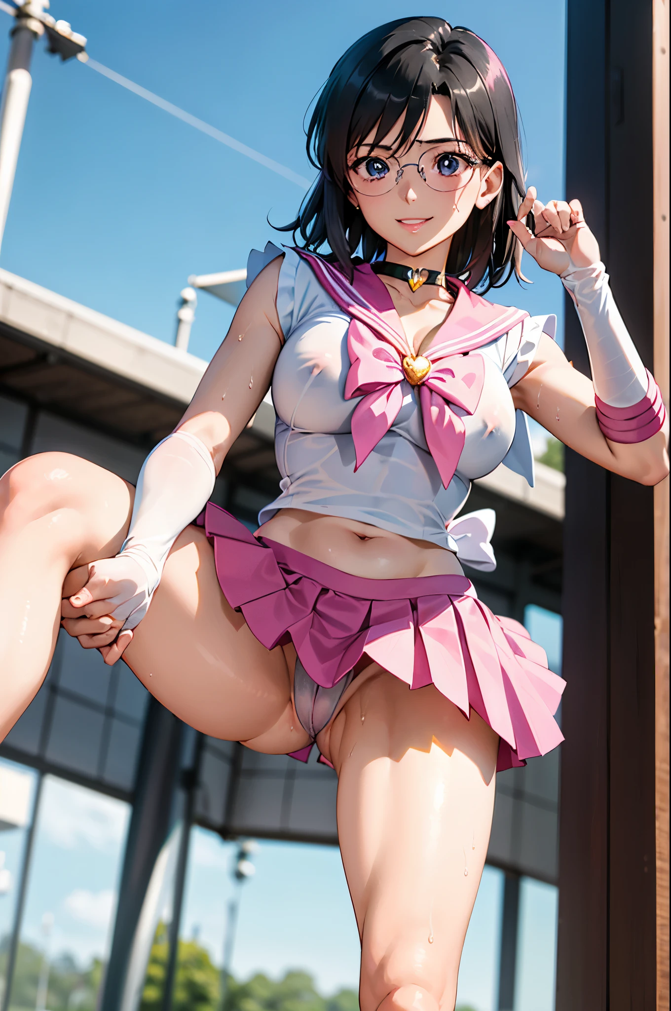 1girl,18yo,perfect hands, perfect finger,perfect anatomy, masterpiece, best quality,realistic, hyperrealistic, 16k hdr,, aamii, short hair, black hair, blue eyes, (glasses), (see through pink sailor senshi uniform,pink ultra miniskirt:1.3),outdoor,standing,(sweat:1.1),(happy smile),large breasts,cleavage,erected nipples,(sexy pose,spread legs:1.2),from below,navel,high heels
