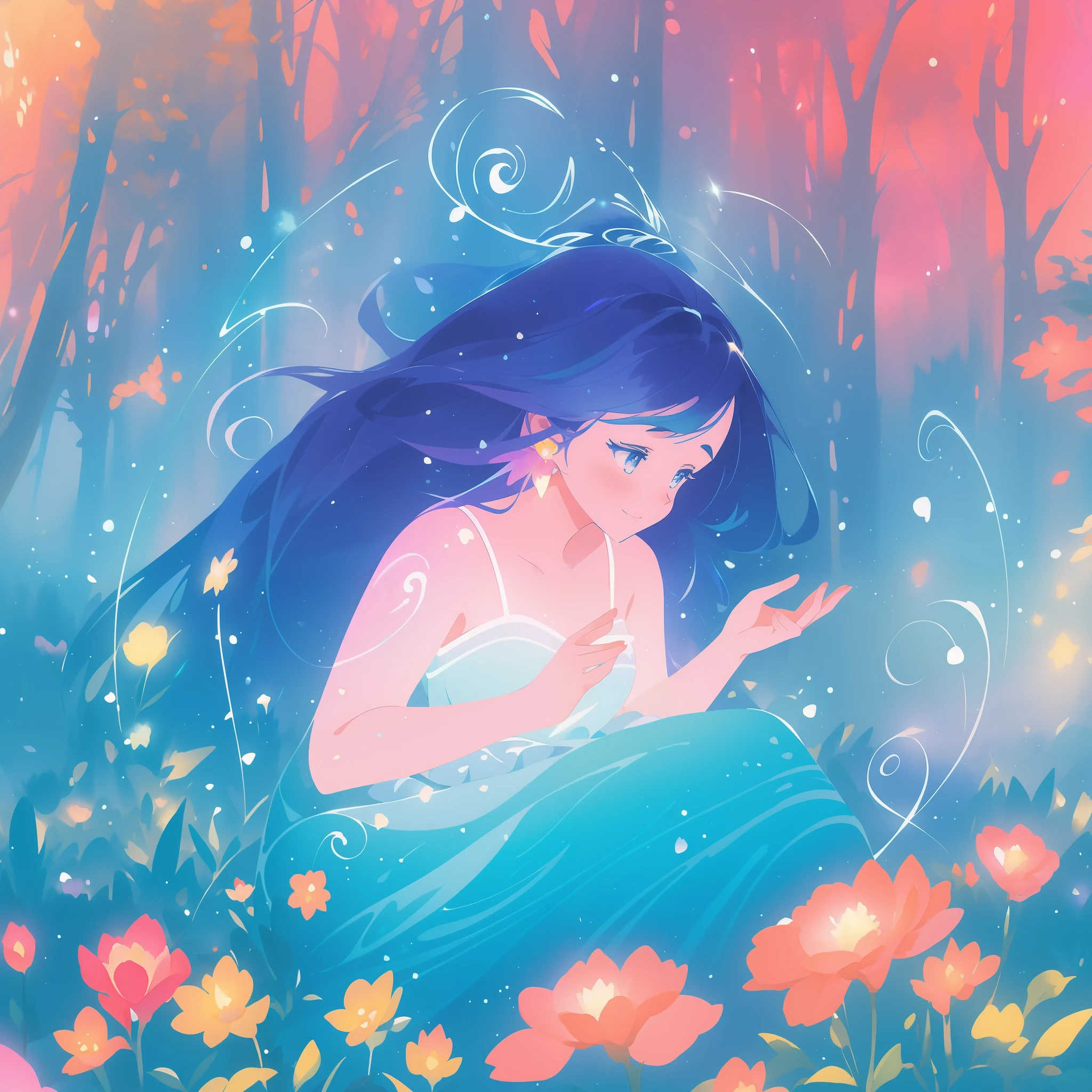 beautiful girl in gradient blue flowing dress, long flowing dark blue hair, magical glowing lights, colorful flowers and forest background, colorful fantasia background, watercolor illustration, disney art style, glowing aura around her, glowing lights, beautiful digital illustration, fantasia otherworldly landscape plants flowers, beautiful, masterpiece, best quality, anime disney style