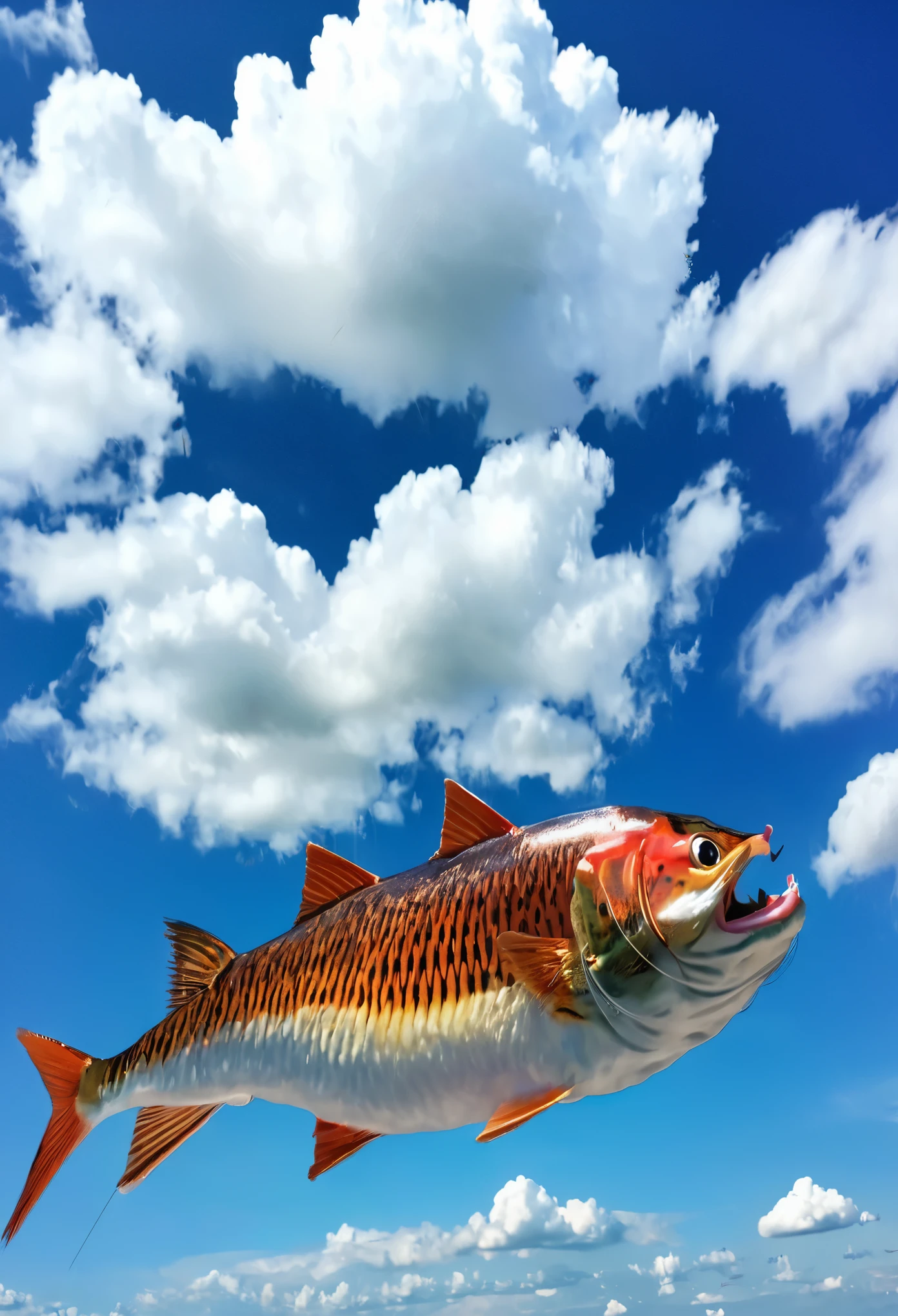 A cat seating on clouds fishing fish by fishing rod