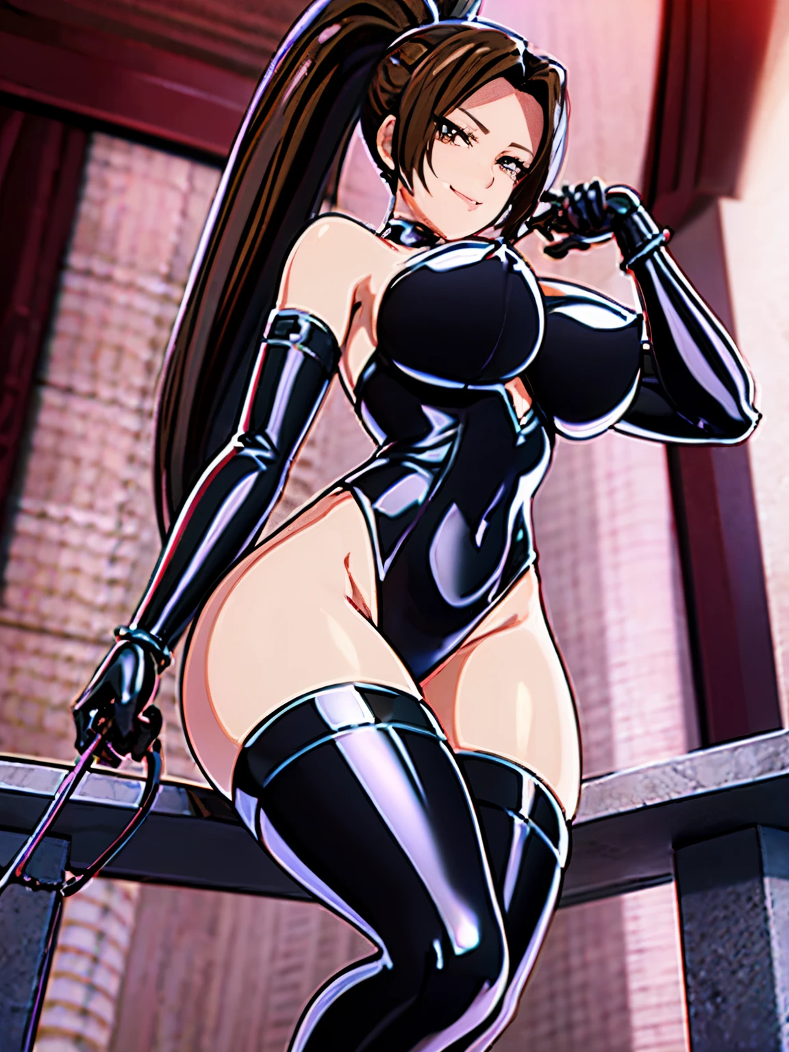 女性1 person、super detailed photos, Full body photo image、(((black shiny latex bondage suit)))、(from below:1.3)、 brown hair, brown eyes, long and high ponytail, hair band, 1 person、25 years old, japanese mature, beautiful fingers, beautiful long legs, beautiful body, beautiful nose, beautiful character design, perfect eyes, perfect face, jewelry, See-through, looking at the viewer, hair ornaments, choker, shy, (smug:1.6)、king of fighters,(((Has a black super long whip:1.5)))、
(table top, highest qualityの, highest quality, beautiful and aesthetic: 1.2), very detailed, more detailed,proper body proportions,table top,Ultra high quality output image,High resolution,intricate details,very delicate and beautiful hair,realistic pictures,dream-like,professional lighting,realistic shadow,focus only,sexy pose,
(big breasts:1.2,) , floating skirt,
Stiletto knee high long boots、anime one、from below、(((depiction of prison)))、(((close your mouth)))