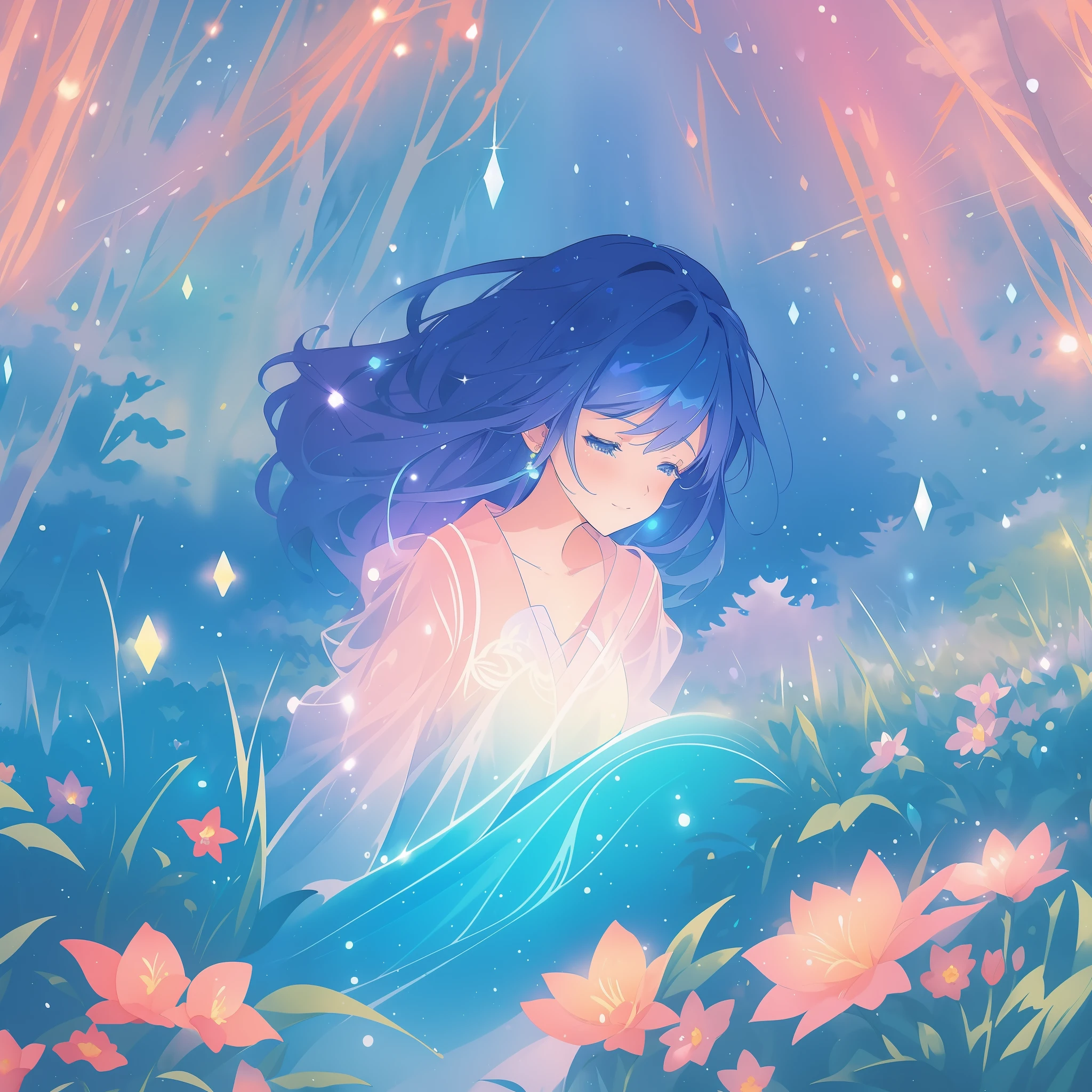 beautiful girl in gradient blue flowing dress, long flowing dark blue hair, magical glowing lights, colorful flowers and forest background, colorful fantasia background, watercolor illustration, disney art style, glowing aura around her, glowing lights, beautiful digital illustration, fantasia otherworldly landscape plants flowers, beautiful, masterpiece, best quality, anime disney style