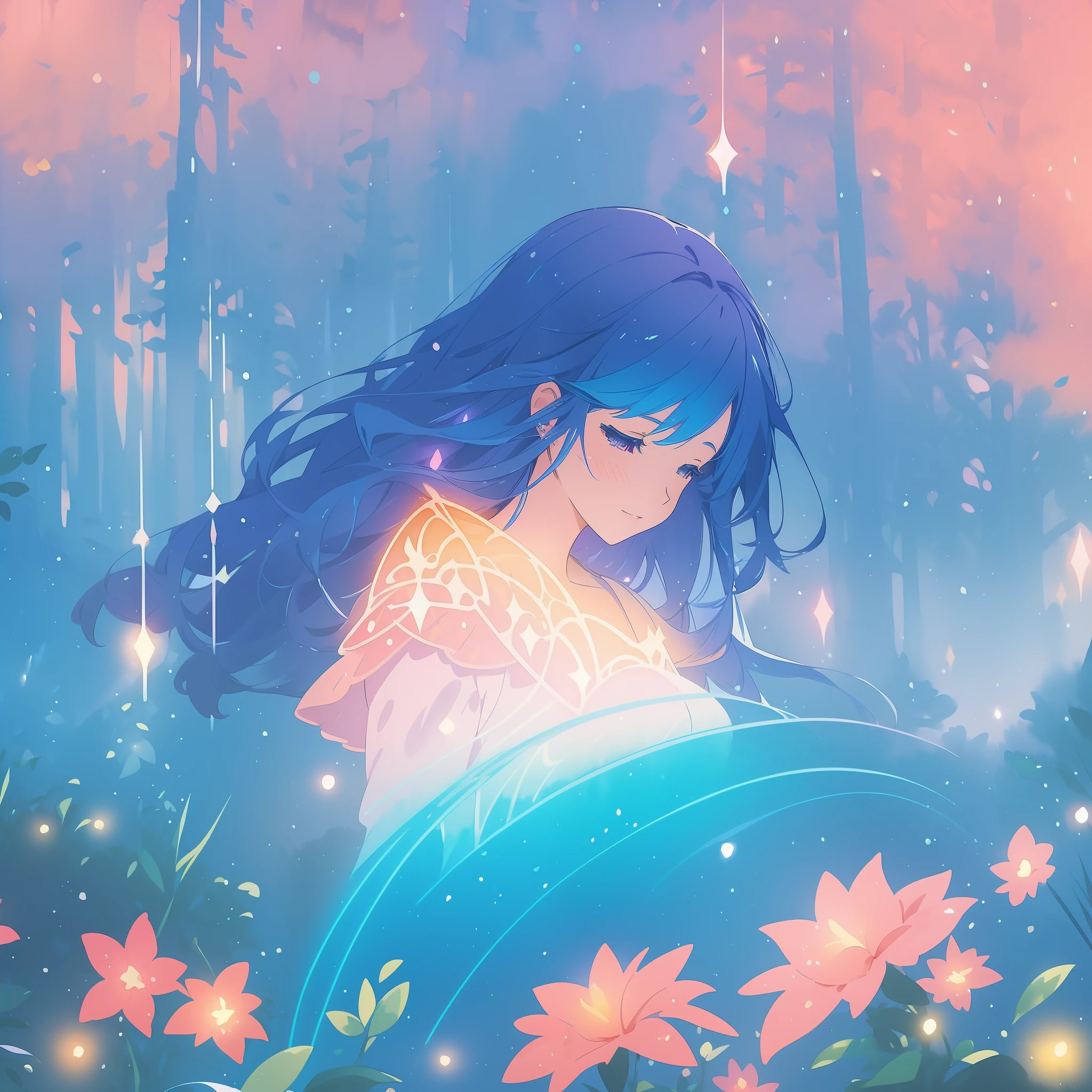 beautiful girl in gradient blue flowing dress, long flowing dark blue hair, magical glowing lights, colorful flowers and forest background, colorful fantasia background, watercolor illustration, disney art style, glowing aura around her, glowing lights, beautiful digital illustration, fantasia otherworldly landscape plants flowers, beautiful, masterpiece, best quality, anime disney style