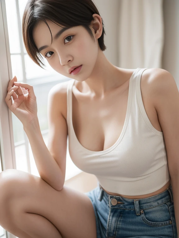 ((Highest quality)), ((masterpiece)), (detailed), There is a woman with short hair wearing a white tank top., Short Hair, Chiho, Yoshitomo Nara, 8K Selfie, Hime cut, Ayaka, With a cute - lovely - face, 白Hime cutヘアスタイル, Girl cute beautiful face, Dilraba Dilmurat, Young and pretty Asian face, full body, all fours