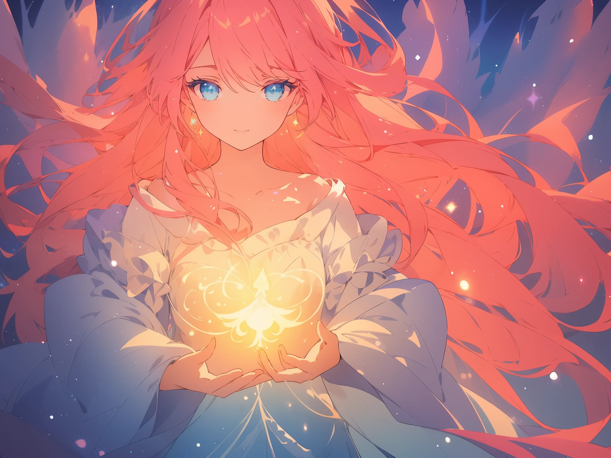 beautiful girl in flowing simple dress with long sleeves, long flowing hair, beautiful girl holding a glowing light, sparkling blue eyes, colorful fantasia background, watercolor illustration, disney art style, glowing aura around her, glowing lights, beautiful digital illustration, fantasia otherworldly landscape plants flowers, beautiful, masterpiece, best quality, anime disney style
