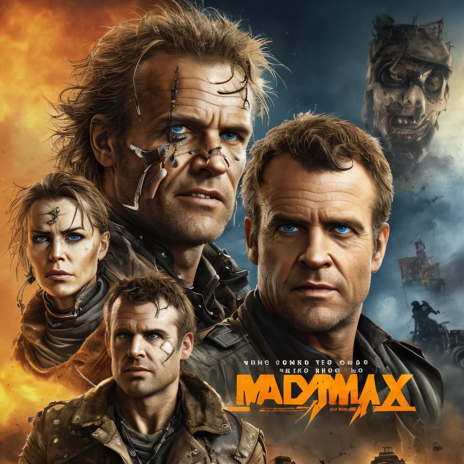 title: Mad Max poster: Beyond the Thunderdome featuring Emmanuel Macron instead of Mel Gibson, centered Detailed description:
A captivating, high-definition poster image of Emmanuel Macron in the iconic Mad Max role from the cinematic masterpiece, Beyond the Thunderdome. This carefully crafted work of art showcases the French president in a bold and rugged avatar, vestido com a roupa exclusiva de couro Max. His piercing gaze is full of determination and survival instincts, displaying a strong and charismatic aura. The atmospheric background depicts the post-apocalyptic world of Thunderdome, com o infame Barter