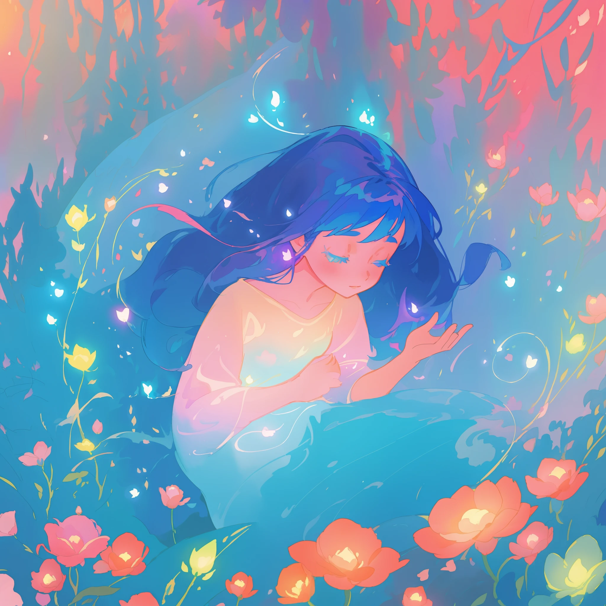 beautiful girl in gradient blue flowing dress, long flowing dark blue hair, magical glowing lights, colorful flowers and forest background, colorful fantasia background, watercolor illustration, disney art style, glowing aura around her, glowing lights, beautiful digital illustration, fantasia otherworldly landscape plants flowers, beautiful, masterpiece, best quality, anime disney style