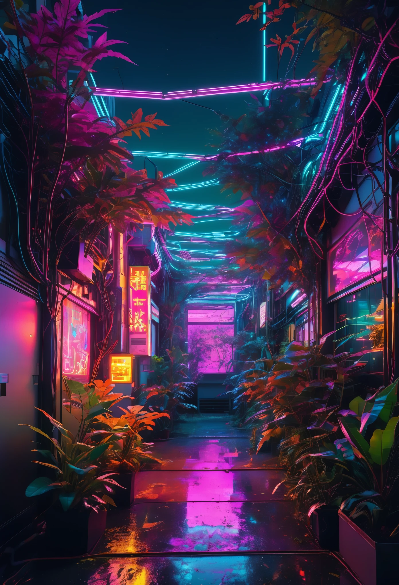 Neon-lit foliage intertwined with circuitry, where robotic creatures roam beneath a pixelated sky, reminiscent of 80s retro-futurism style of Yoko Honda.
