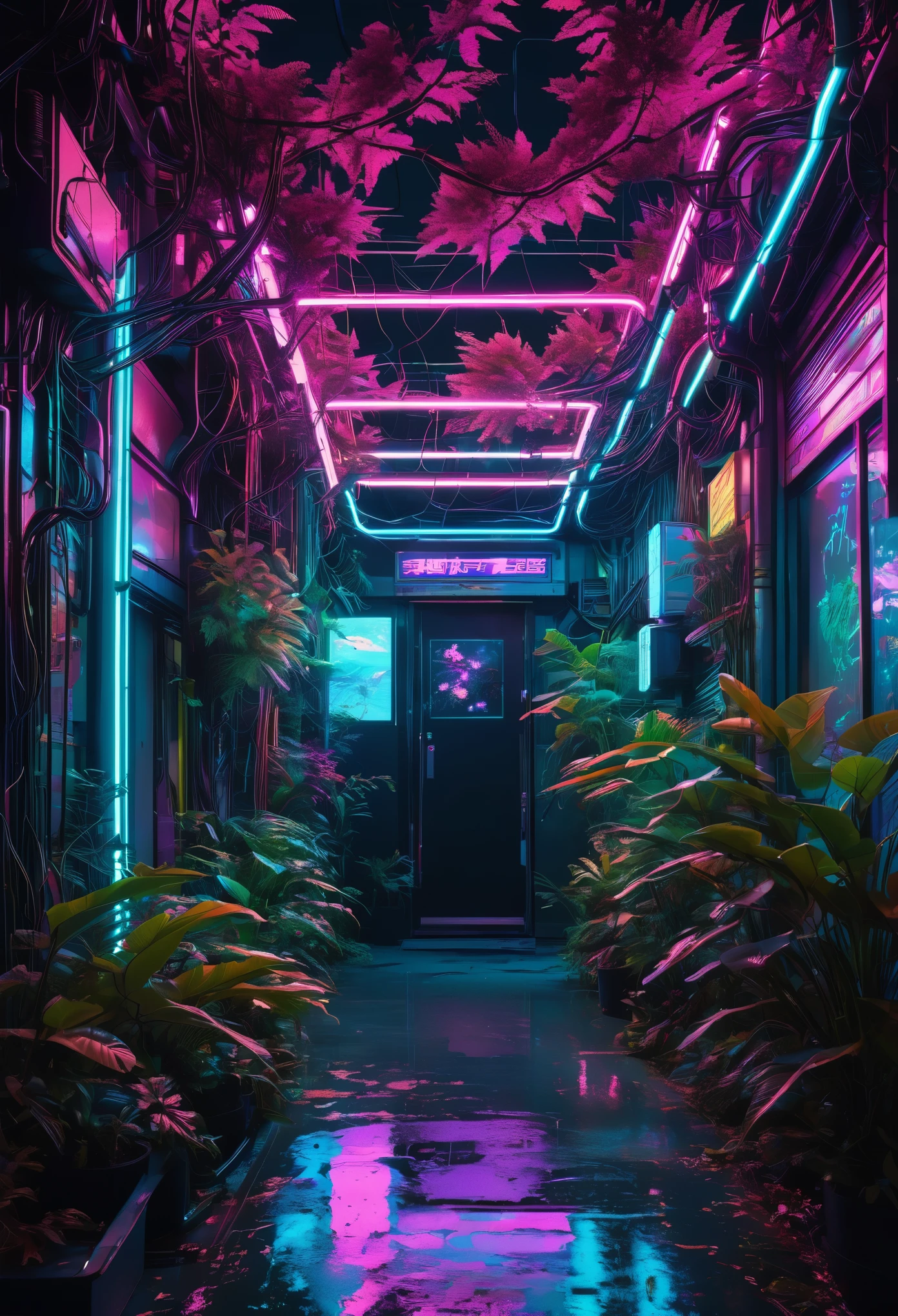 Neon-lit foliage intertwined with circuitry, where robotic creatures roam beneath a pixelated sky, reminiscent of 80s retro-futurism style of Yoko Honda.