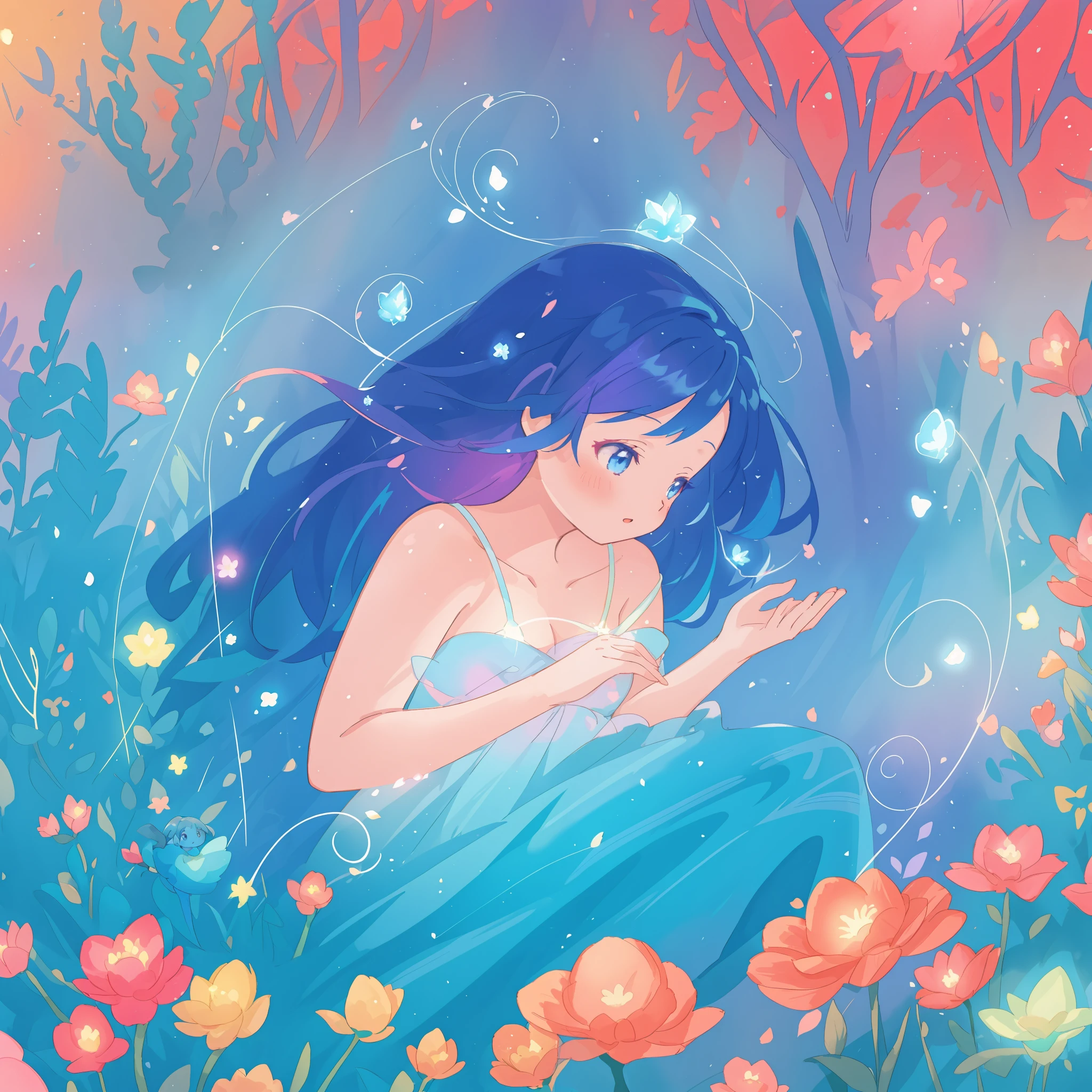 beautiful girl in gradient blue flowing dress, long flowing dark blue hair, magical glowing lights, colorful flowers and forest background, colorful fantasia background, watercolor illustration, disney art style, glowing aura around her, glowing lights, beautiful digital illustration, fantasia otherworldly landscape plants flowers, beautiful, masterpiece, best quality, anime disney style
