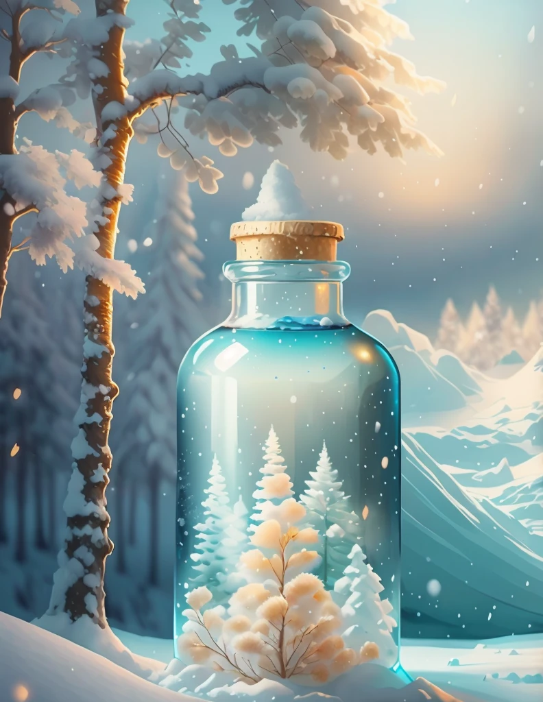 Snow scene with a bottle of water and a tree in the snow, Beautiful digital artwork, 4k highly detailed digital art, winter scene fantasy, winter concept art, dreamscape in a jar, very Beautiful digital art, Inspired by Cyril Rolando, Beautiful digital art, Lovely and detailed digital art, Stunning digital illustrations, amazing wallpapers, cyril rolando style
