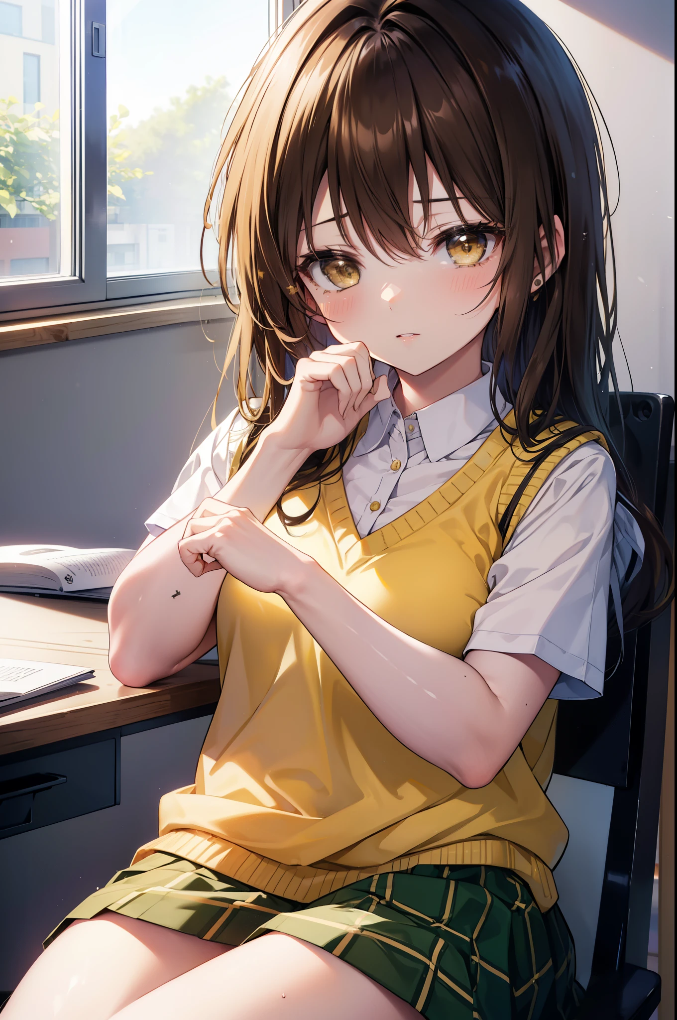 kotegawayui, yui kotegawa, black hair, (brown eyes:1.5), long hair,smile,blush,open your mouth,
break green skirt, plaid, plaid skirt, Sainan High , , skirt, sweater vest, (yellow sweater:1.3), short sleeve,black tights,brown loafers,sit cross-legged on a chair,There is a textbook on the desk,
break looking at viewer,
break indoors, classroom,
break (masterpiece:1.2), highest quality, High resolution, unity 8k wallpaper, (figure:0.8), (detailed and beautiful eyes:1.6), highly detailed face, perfect lighting, Very detailed CG, (perfect hands, perfect anatomy),