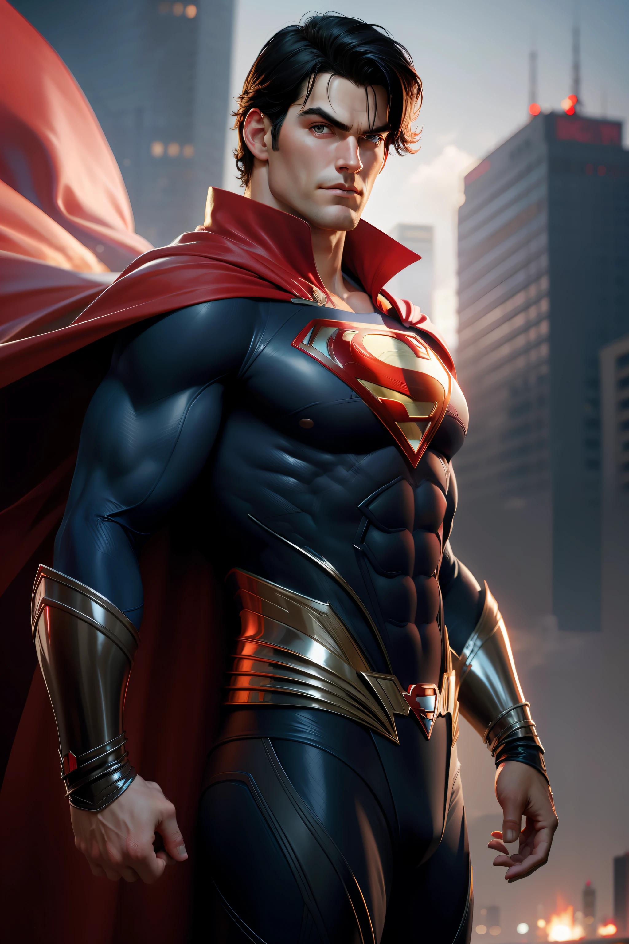 Superman (strong man) (strong chin) beautiful face, expression of confidence, wearing a modern and futuristic costume, red cape in the wind, DC Comics, heroic pose