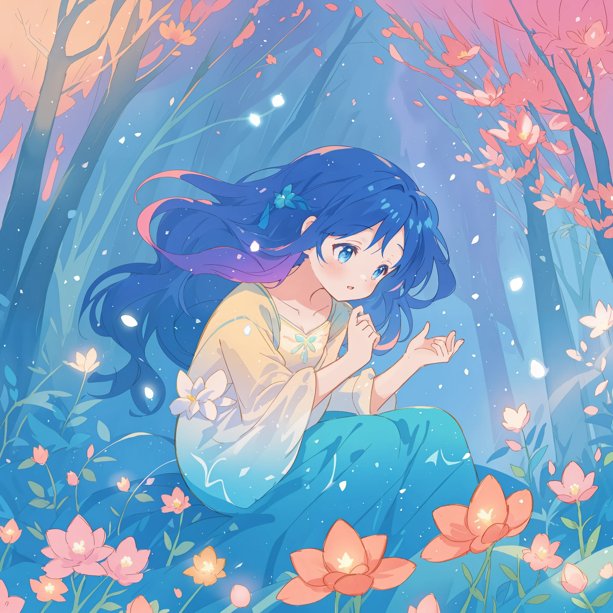 beautiful girl in gradient blue flowing dress, long flowing dark blue hair, magical glowing lights, colorful flowers and forest background, colorful fantasia background, watercolor illustration, disney art style, glowing aura around her, glowing lights, beautiful digital illustration, fantasia otherworldly landscape plants flowers, beautiful, masterpiece, best quality, anime disney style
