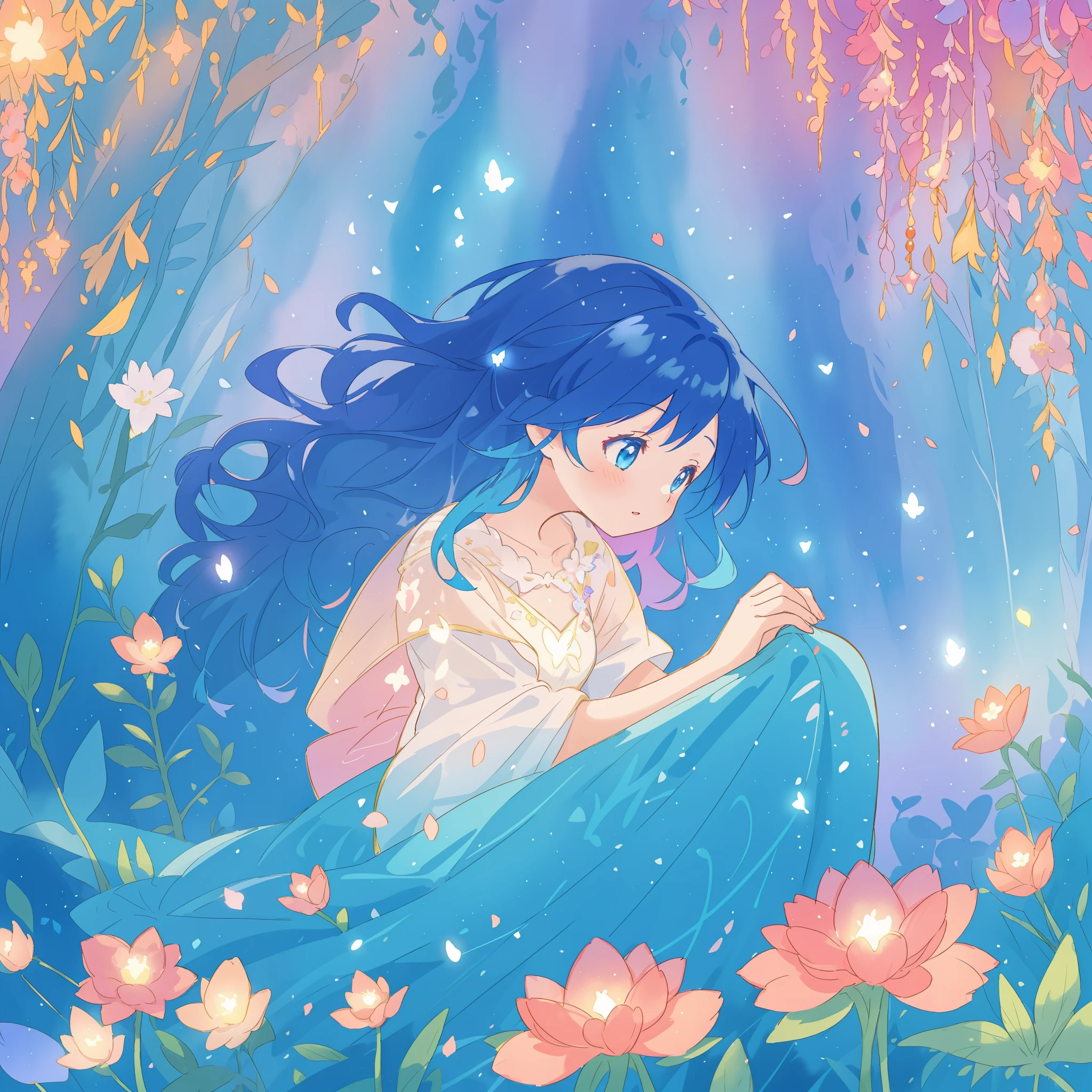 beautiful girl in gradient blue flowing dress, long flowing dark blue hair, magical glowing lights, colorful flowers and forest background, colorful fantasia background, watercolor illustration, disney art style, glowing aura around her, glowing lights, beautiful digital illustration, fantasia otherworldly landscape plants flowers, beautiful, masterpiece, best quality, anime disney style