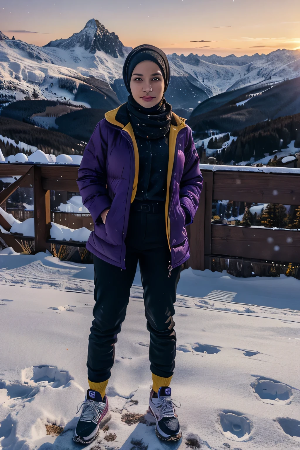 Girl wearing a hijab and purple winter jacket, wearing a yellow scraf, black pants, red sneakers, sparkling snow, alpend mountain, sunset