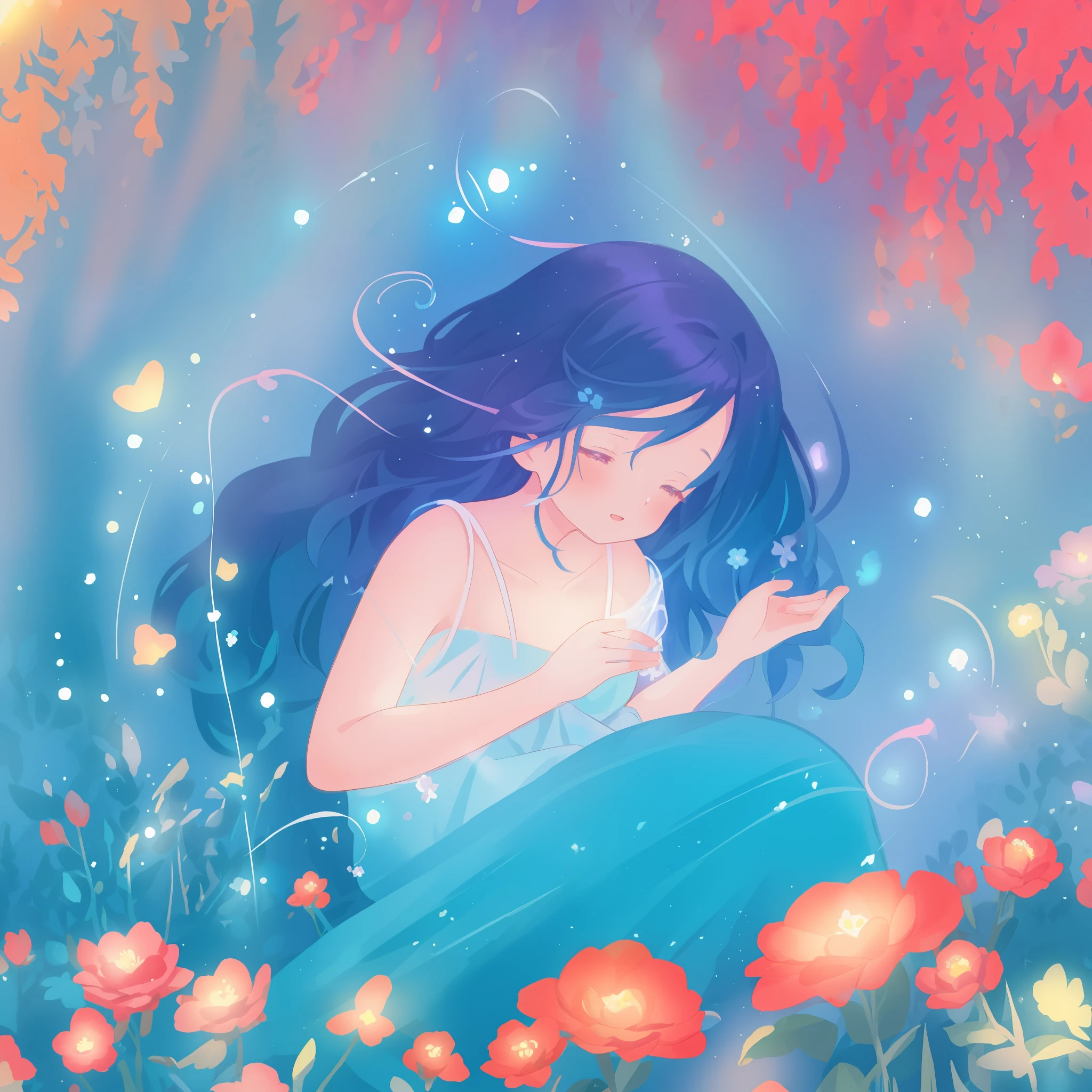 beautiful girl in gradient blue flowing dress, long flowing dark blue hair, magical glowing lights, colorful flowers and forest background, colorful fantasia background, watercolor illustration, disney art style, glowing aura around her, glowing lights, beautiful digital illustration, fantasia otherworldly landscape plants flowers, beautiful, masterpiece, best quality, anime disney style