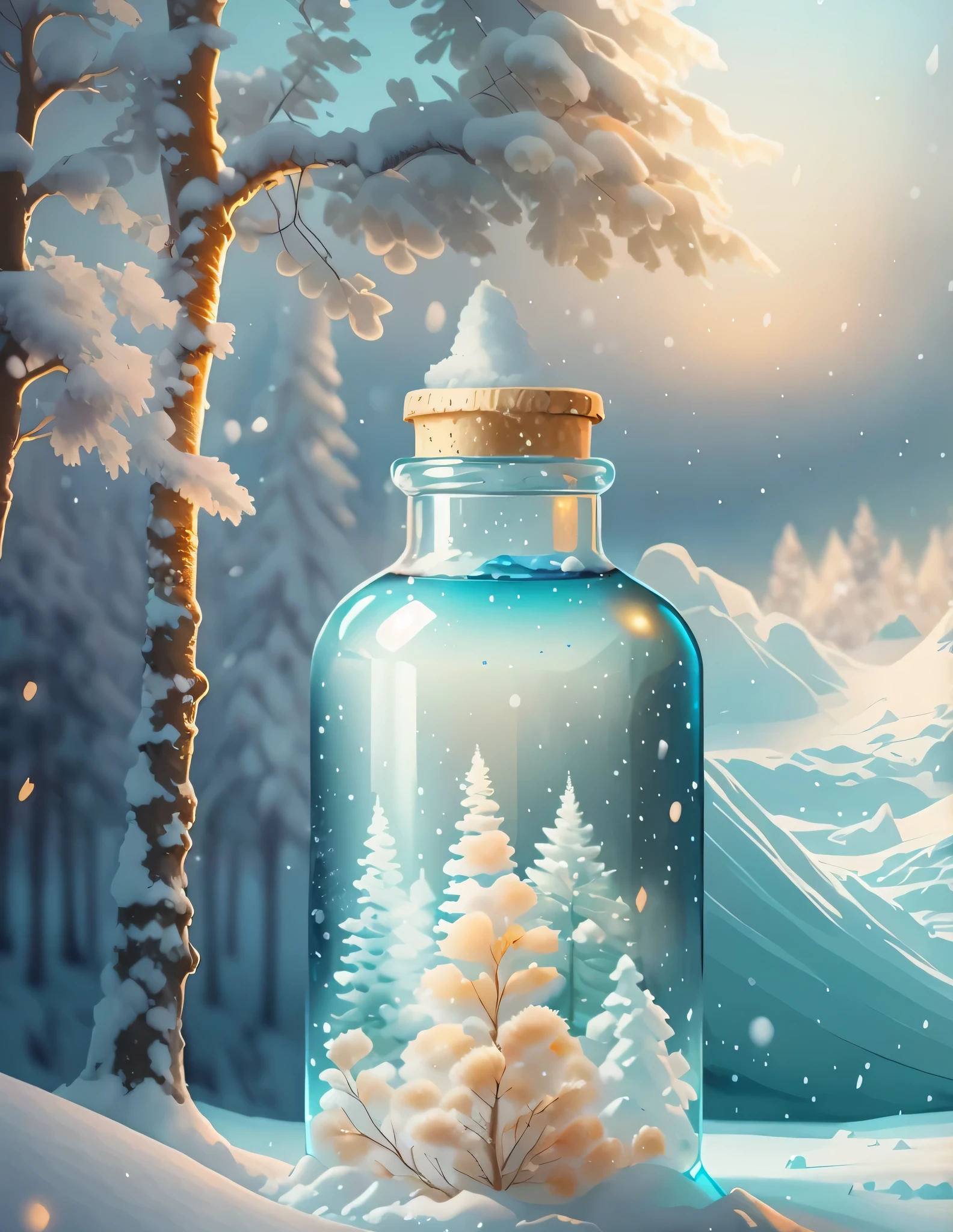 Snow scene with a bottle of water and a tree in the snow, Beautiful digital artwork, 4k highly detailed digital art, winter scene fantasy, winter concept art, dreamscape in a jar, very Beautiful digital art, Inspired by Cyril Rolando, Beautiful digital art, Lovely and detailed digital art, Stunning digital illustrations, stunning wallpapers, Cyril Rolandor style